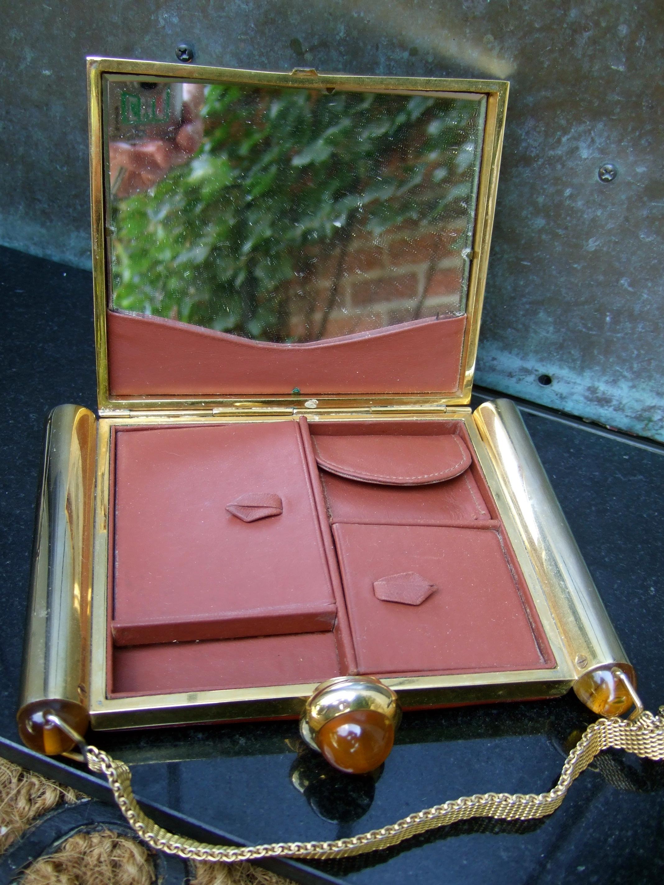 1950s Art Deco Brown & Brass Alligator Evening Bag Cosmetic Case 9
