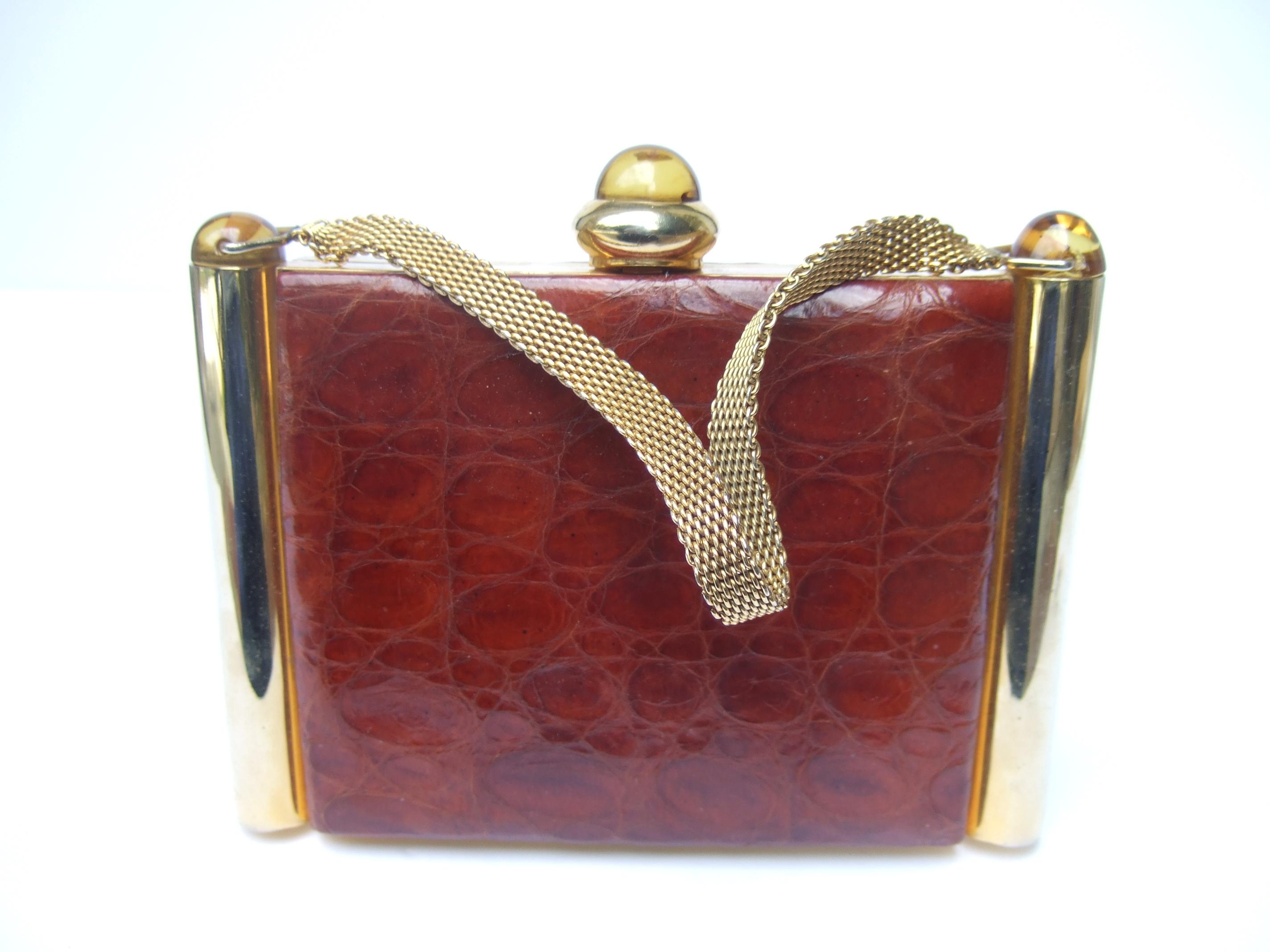1950s Art Deco Brown & Brass Alligator Evening Bag Cosmetic Case 11