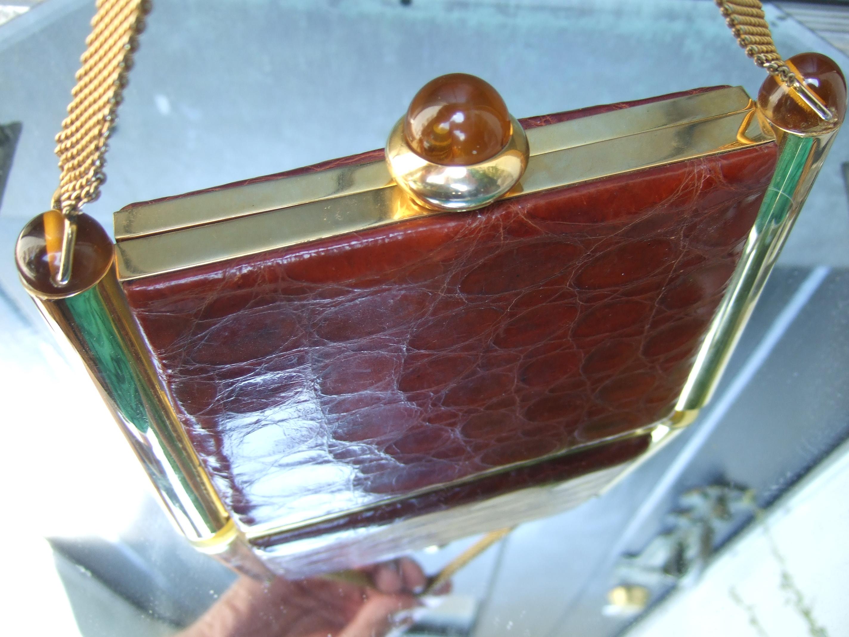 1950s Art Deco Brown & Brass Alligator Evening Bag Cosmetic Case 12