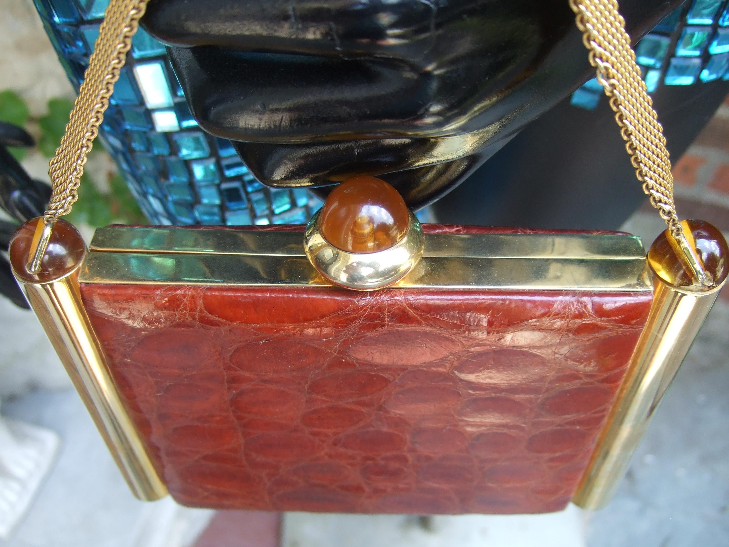 1950s Art Deco Brown & Brass Alligator Evening Bag Cosmetic Case 13