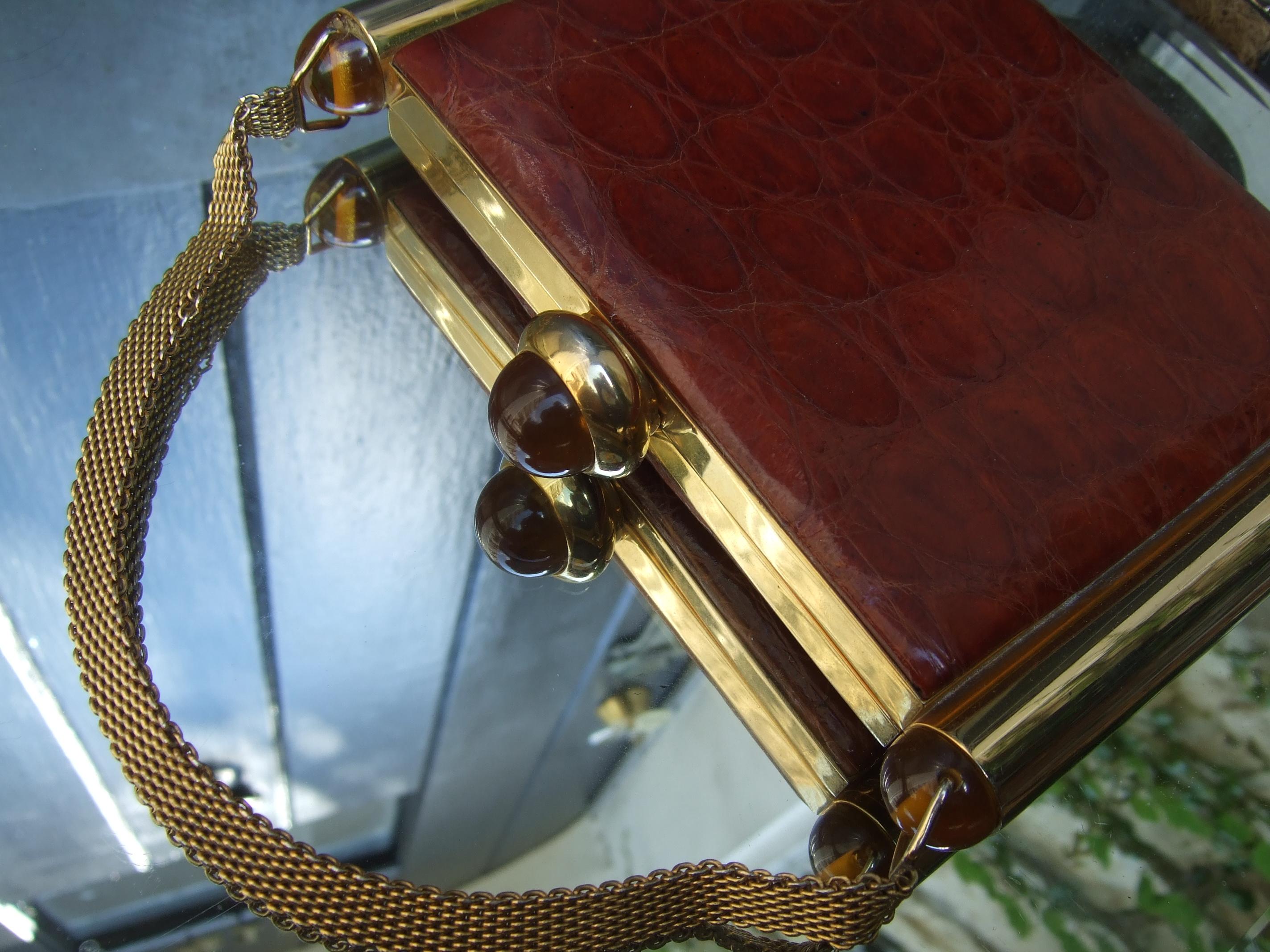 1950s Art Deco Brown & Brass Alligator Evening Bag Cosmetic Case 14