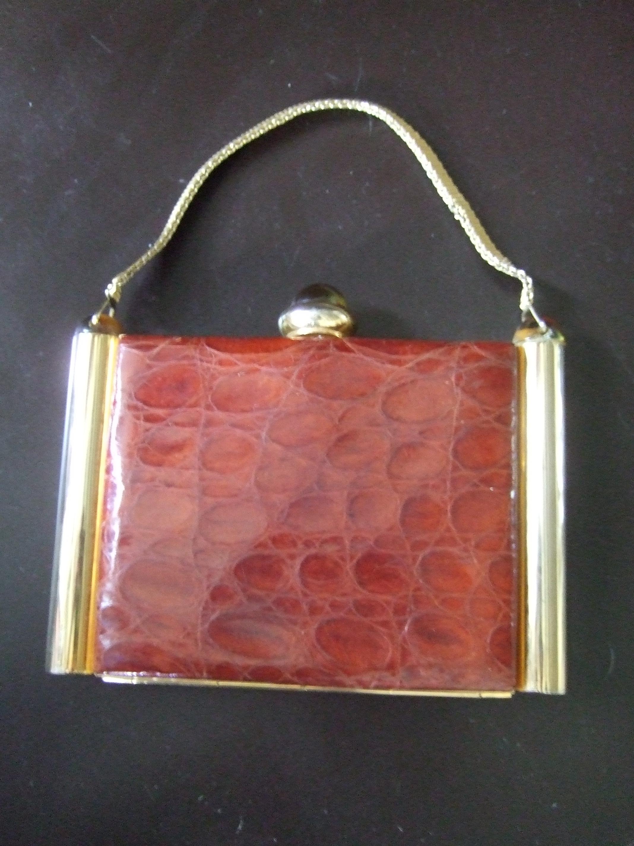 1950s Art Deco Brown & Brass Alligator Evening Bag Cosmetic Case 15