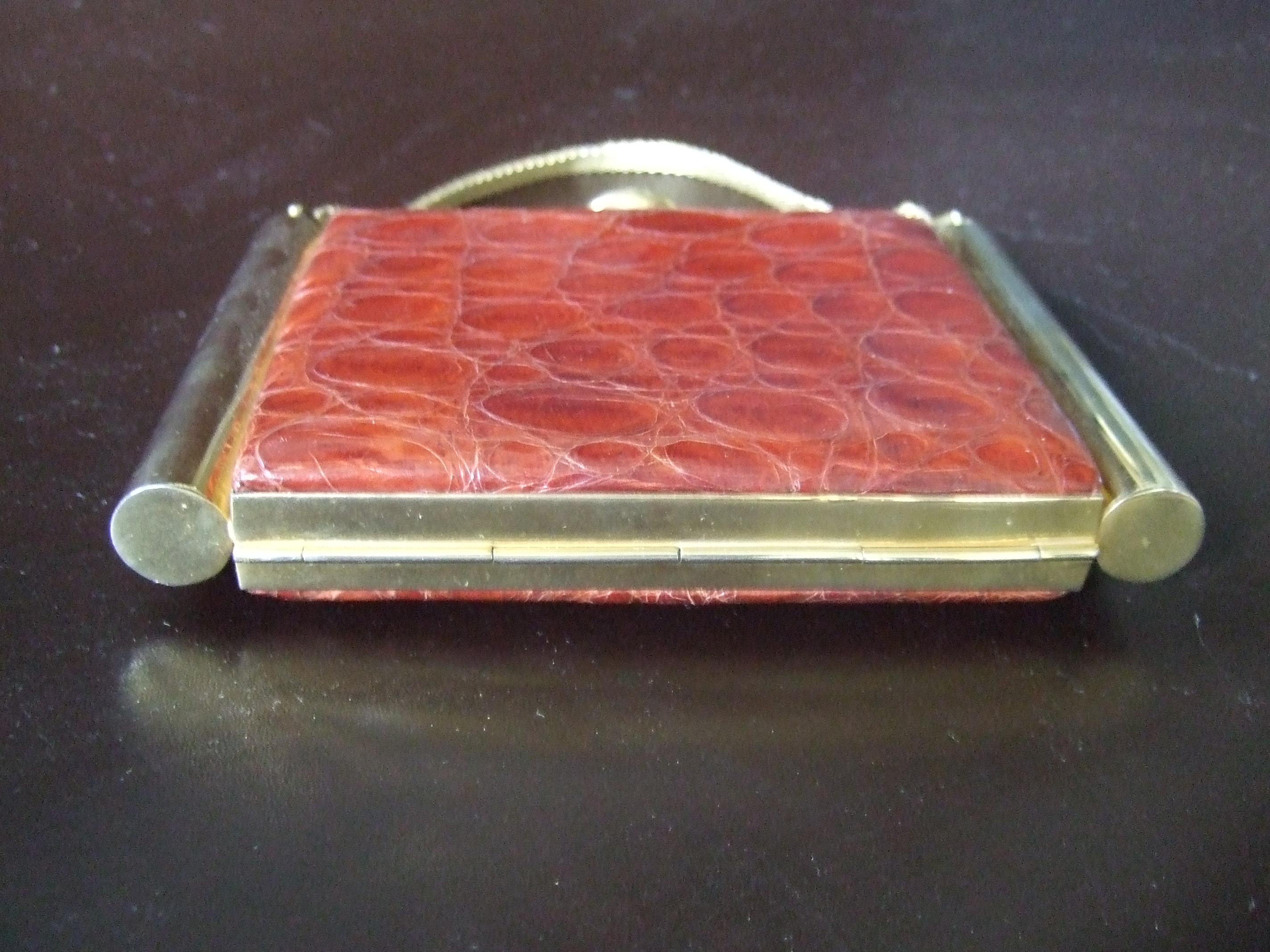 1950s Art Deco Brown & Brass Alligator Evening Bag Cosmetic Case 16
