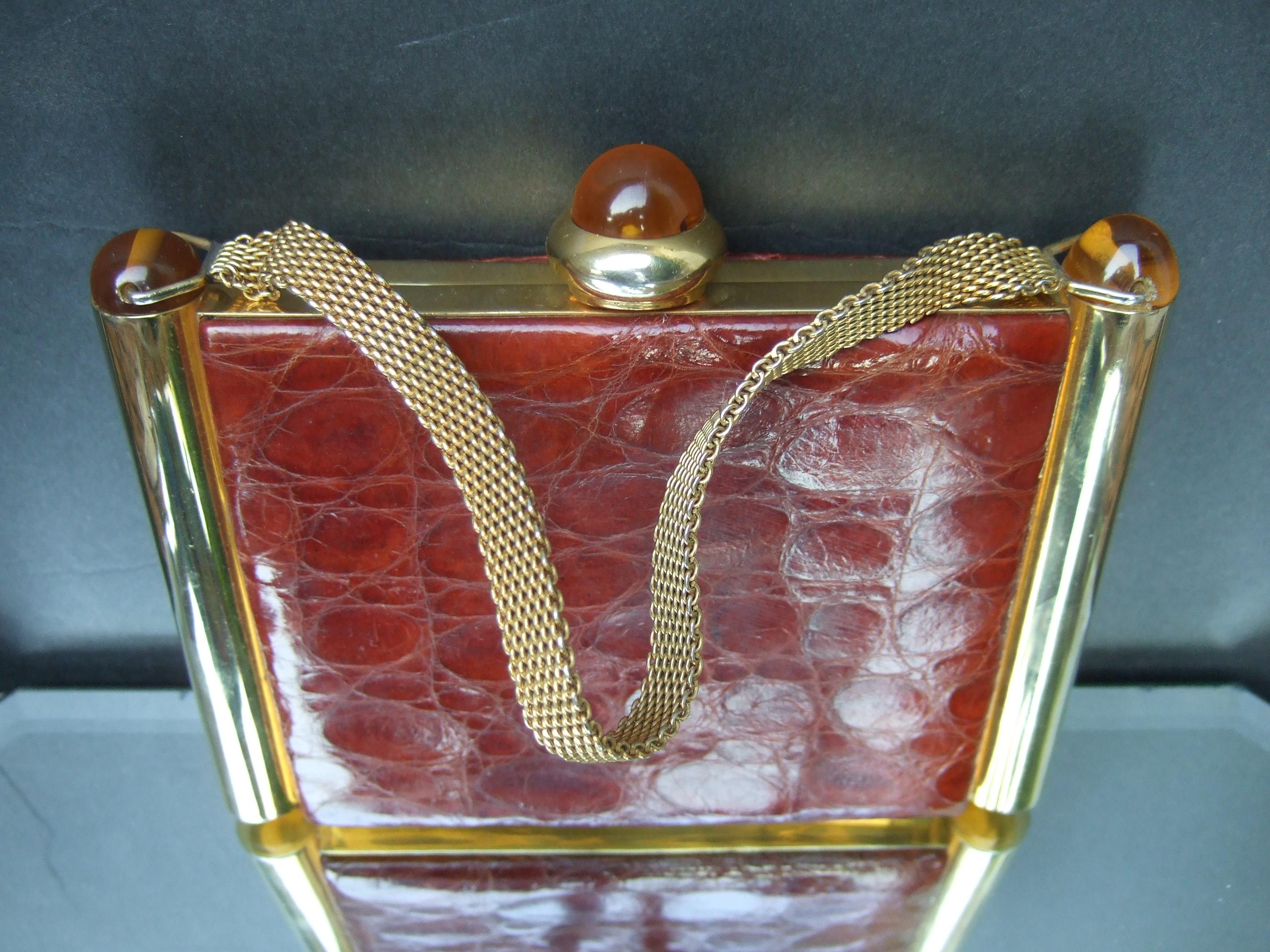 1950s Art Deco Brown & Brass Alligator Evening Bag Cosmetic Case In Good Condition In University City, MO
