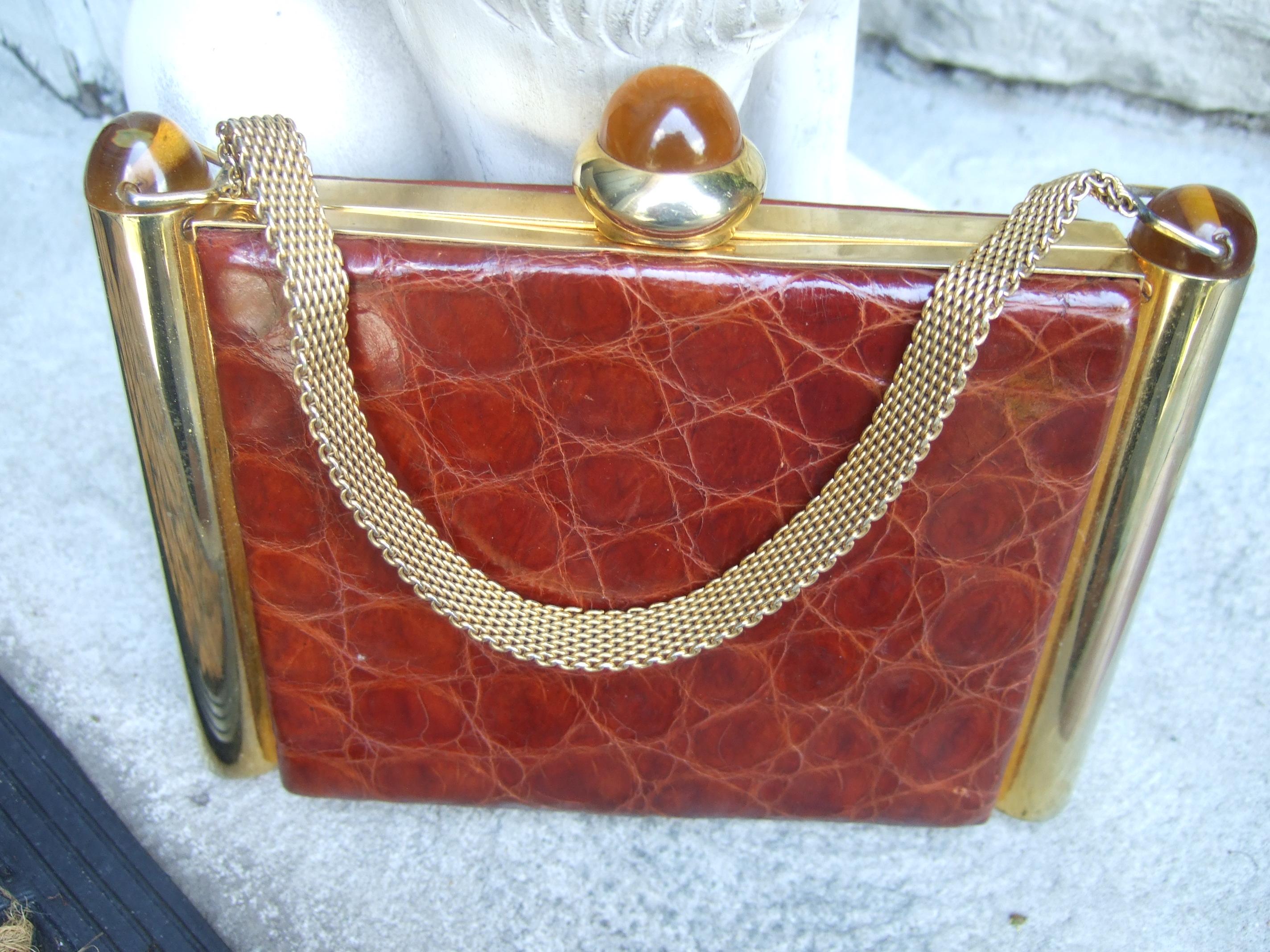 Women's 1950s Art Deco Brown & Brass Alligator Evening Bag Cosmetic Case