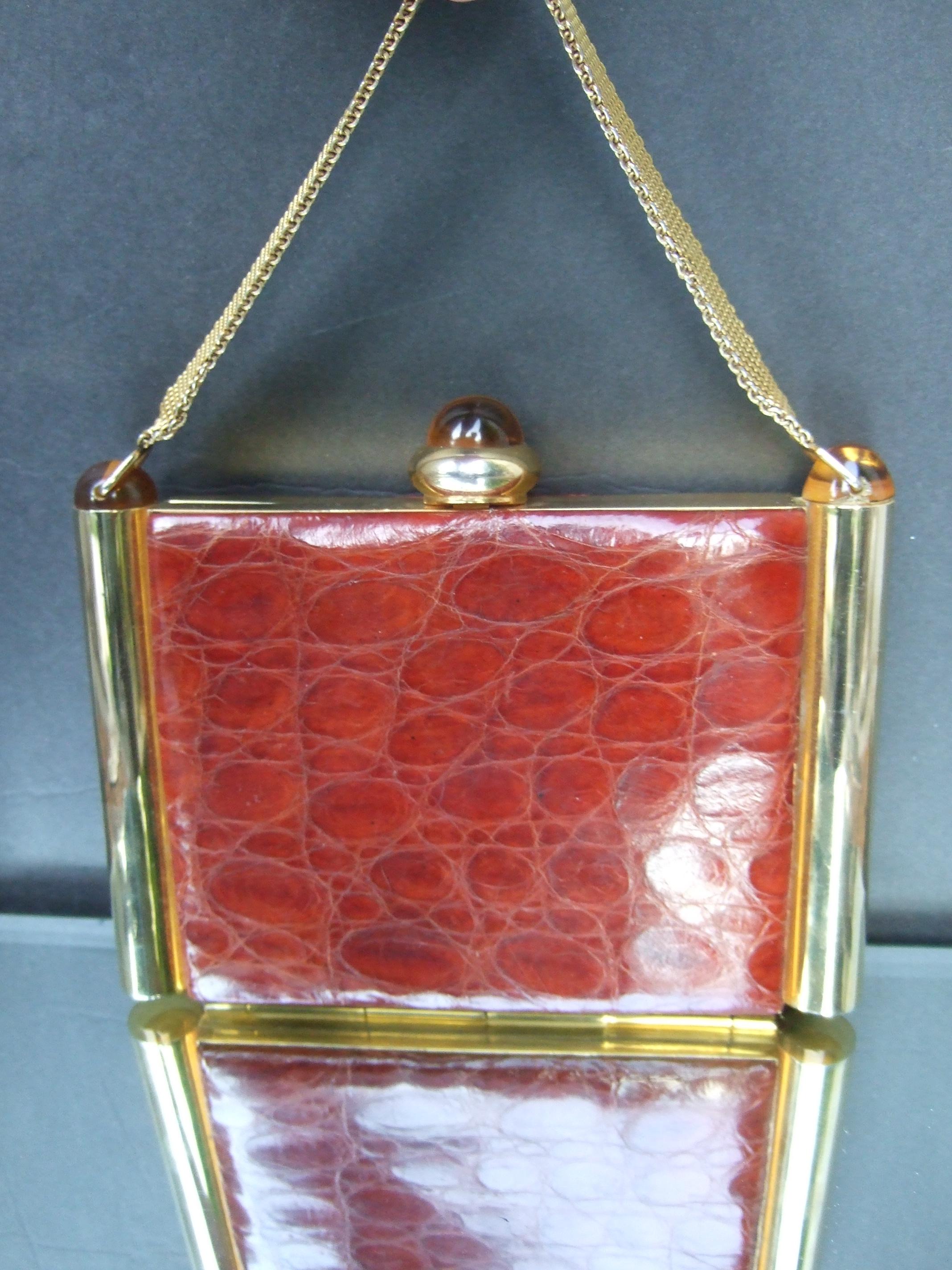 1950s Art Deco Brown & Brass Alligator Evening Bag Cosmetic Case 1