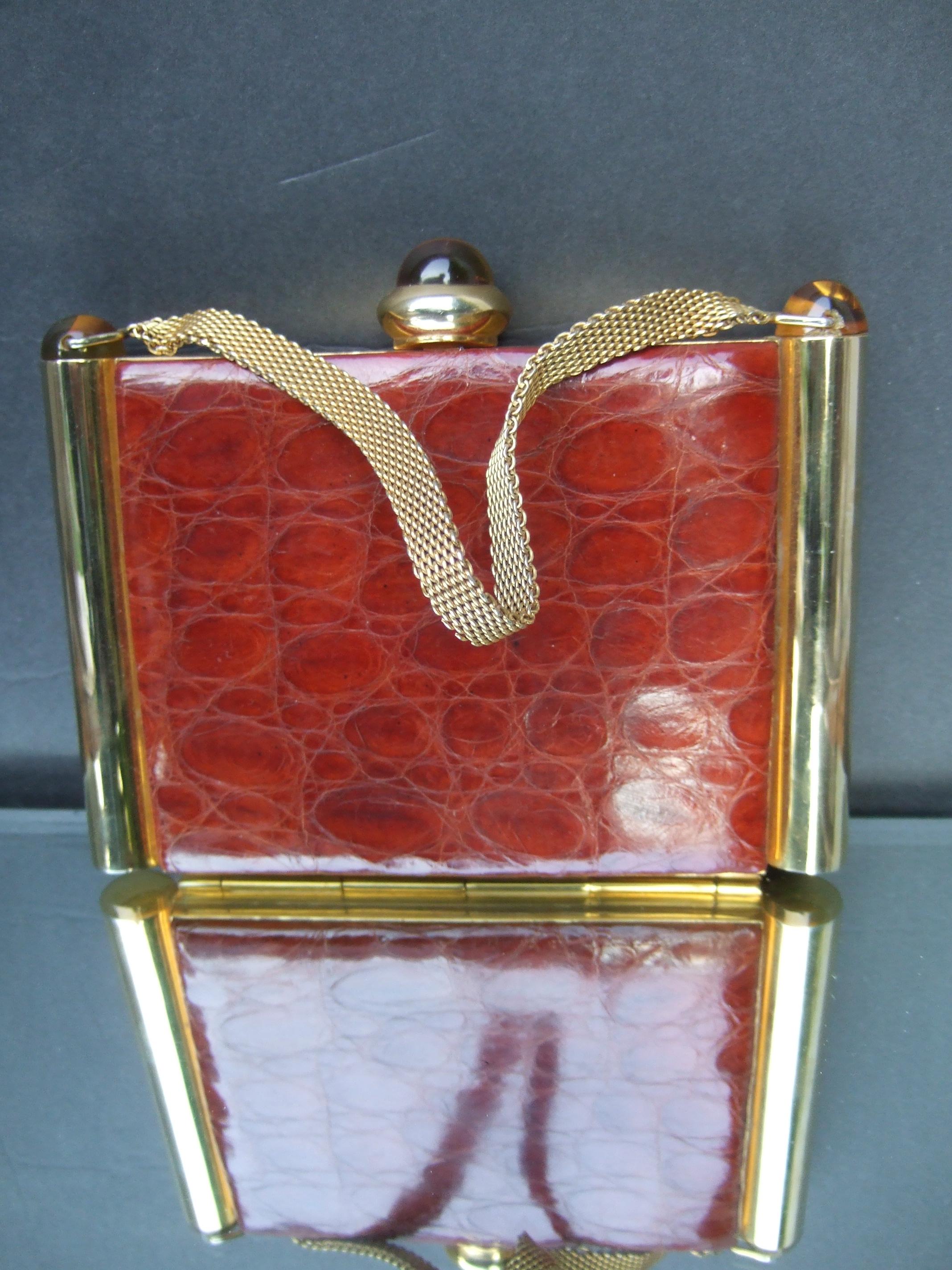 1950s Art Deco Brown & Brass Alligator Evening Bag Cosmetic Case 2