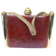 1950s Art Deco Brown & Brass Alligator Evening Bag Cosmetic Case