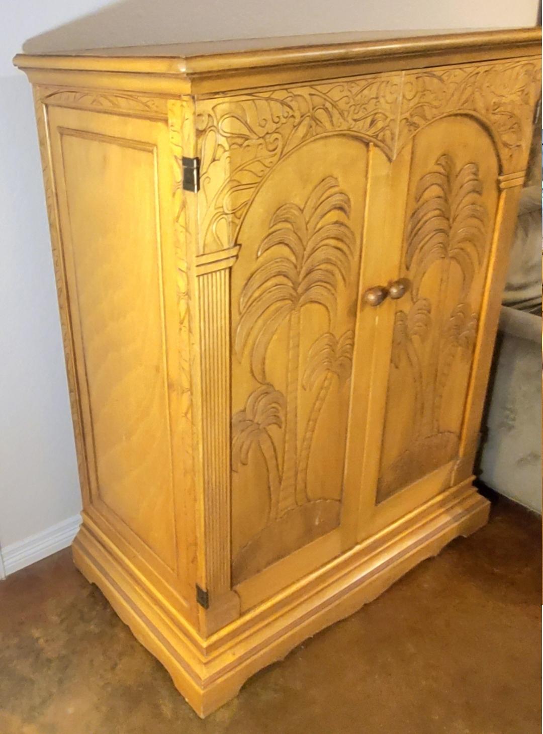 1950s Art Deco Chinoiserie Palm Tree 2 Door Cabinet For Sale 6
