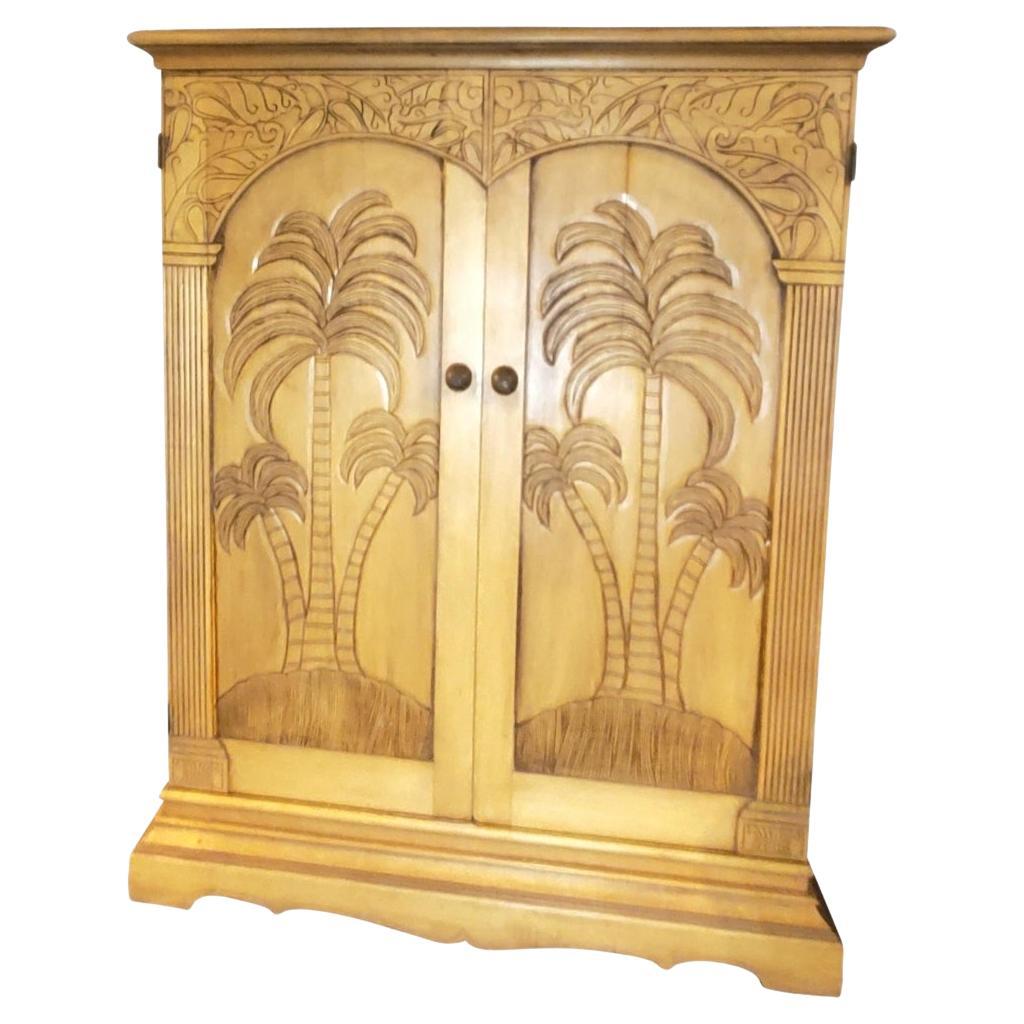 1950s Art Deco Chinoiserie Palm Tree 2 Door Cabinet For Sale