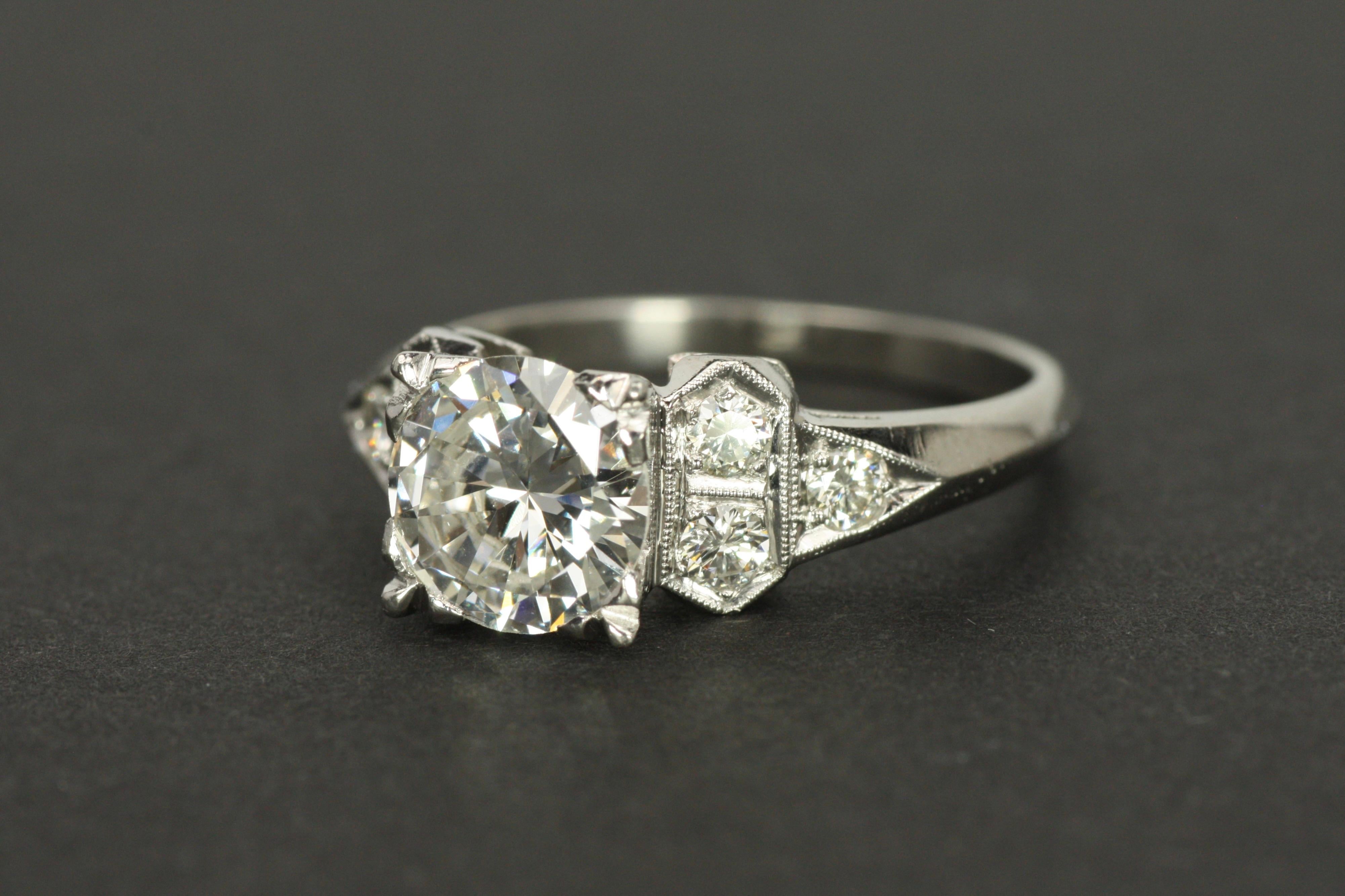 1950s Art Deco Engagement Ring – 1.25ct Round Diamonds Geometric Design Platinum In Excellent Condition For Sale In Santa Monica, CA