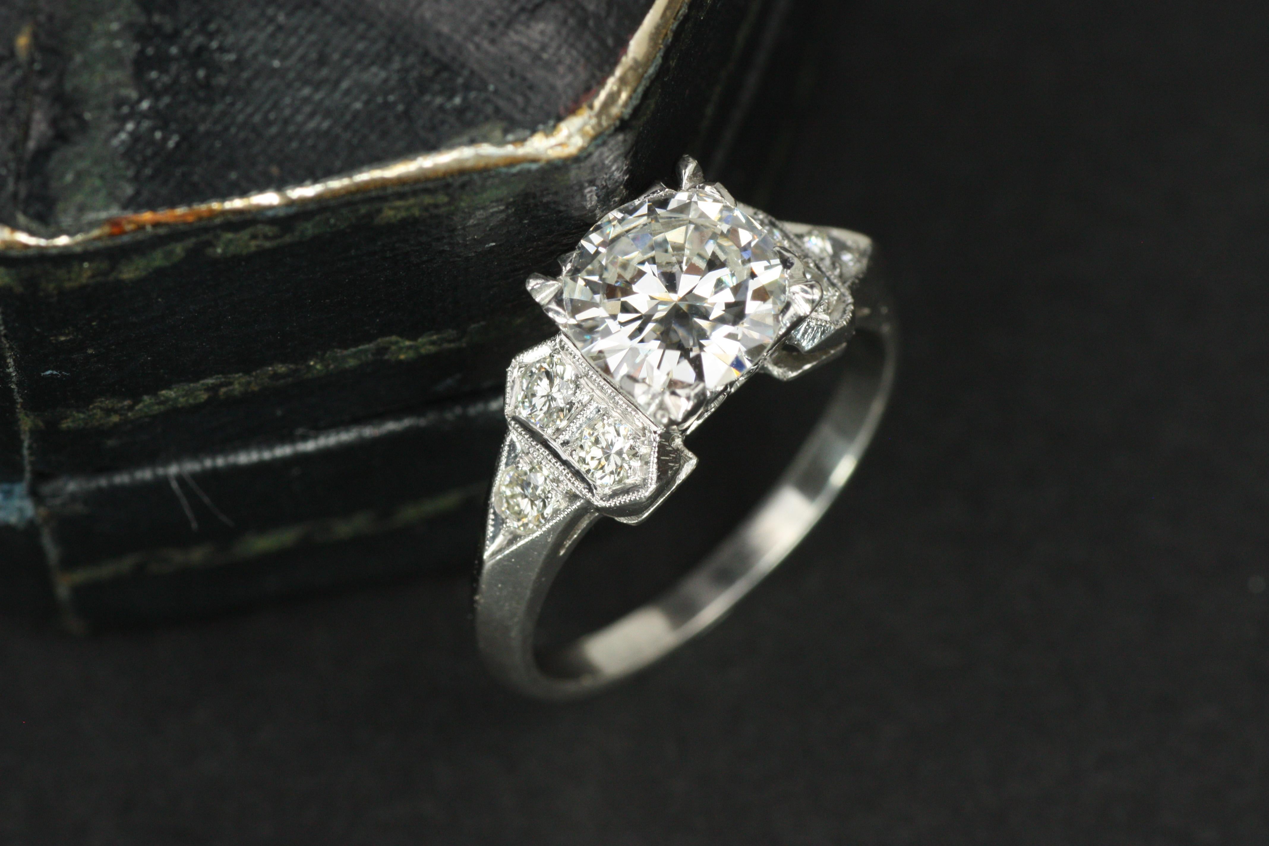 1950s Art Deco Engagement Ring – 1.25ct Round Diamonds Geometric Design Platinum For Sale 1