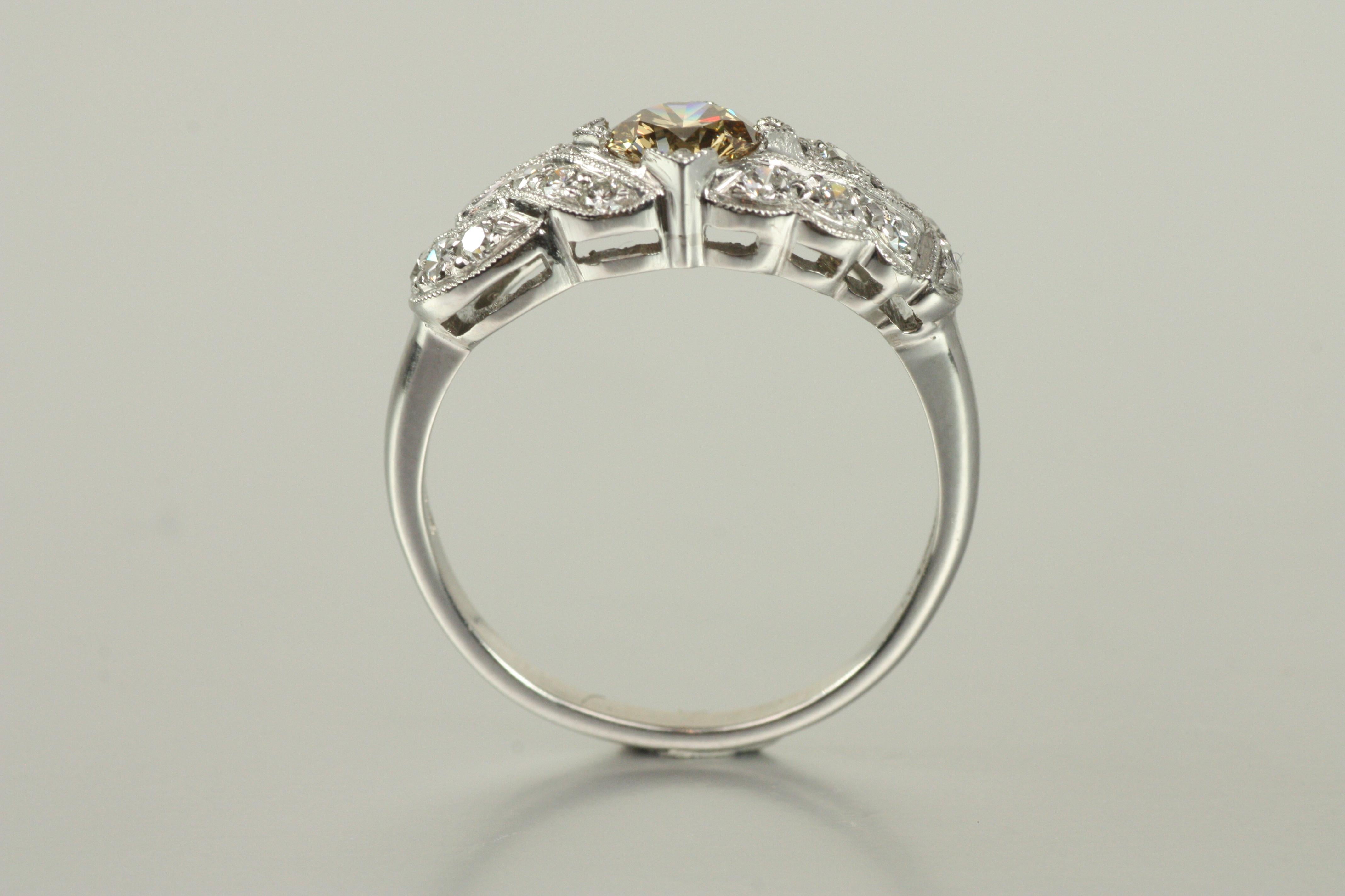 1930s Art Deco Woven Pavé Engagement Ring – 0.85ct Brown & White Diamonds Plat For Sale 1