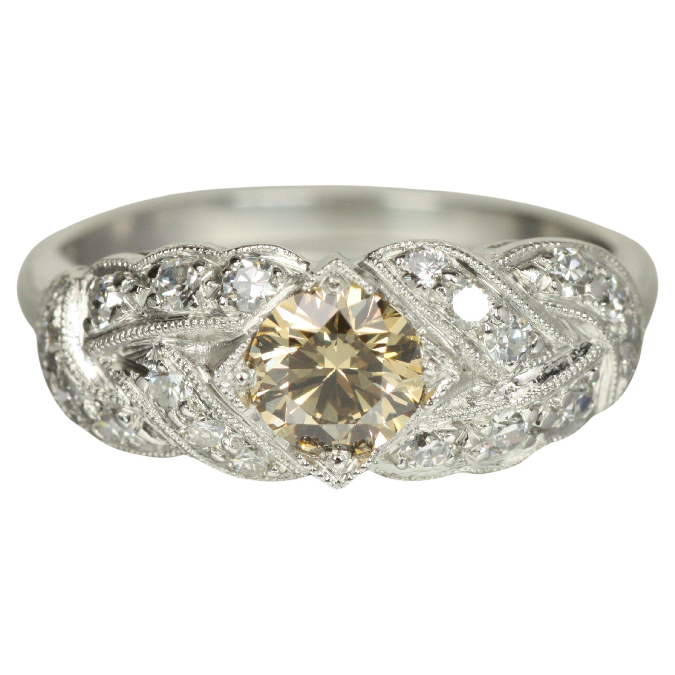1930s Art Deco Woven Pavé Engagement Ring – 0.85ct Brown & White Diamonds Plat