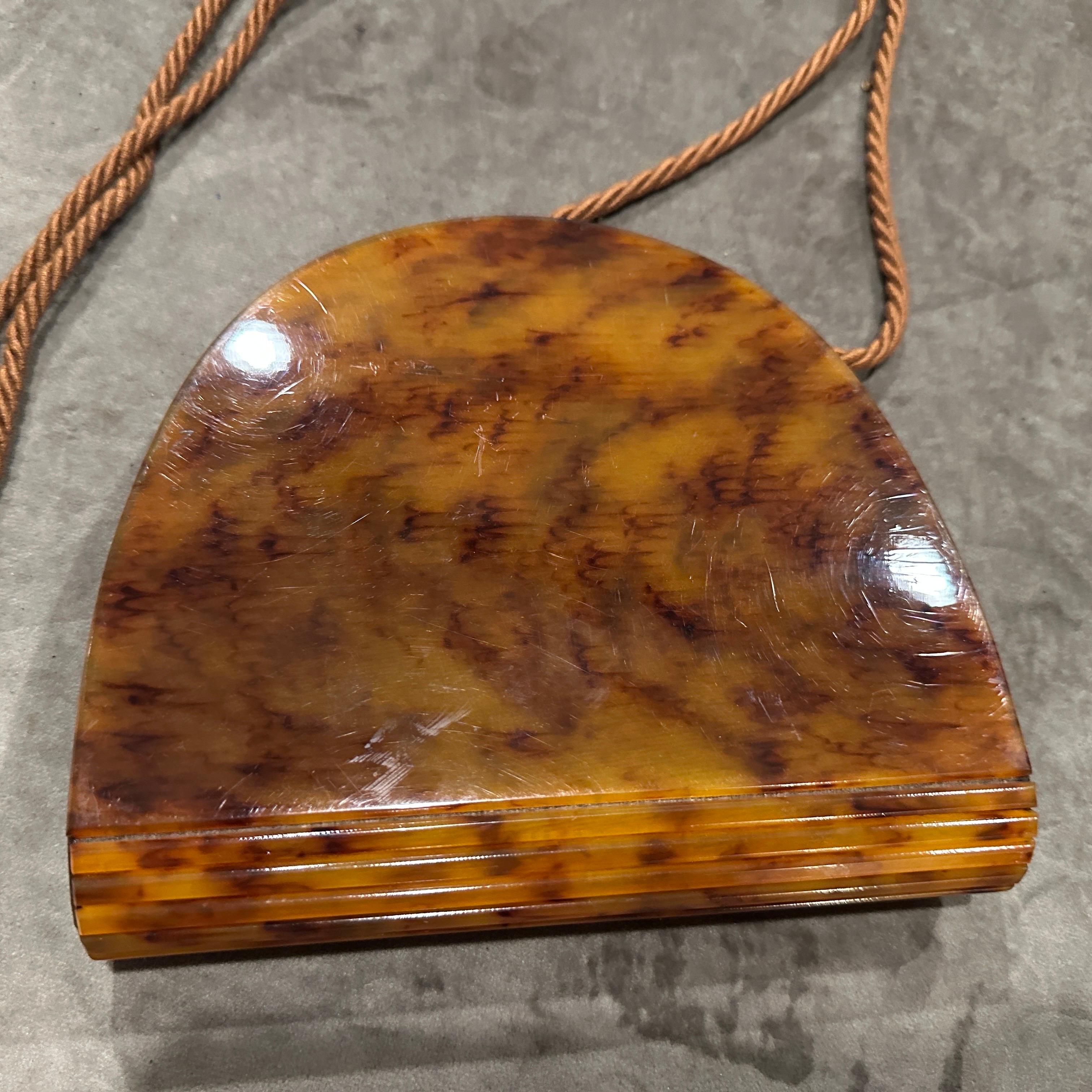 Brown 1950s Art Deco Fake Tortoiseshell Bakelite Italian Minaudière by Ipes For Sale