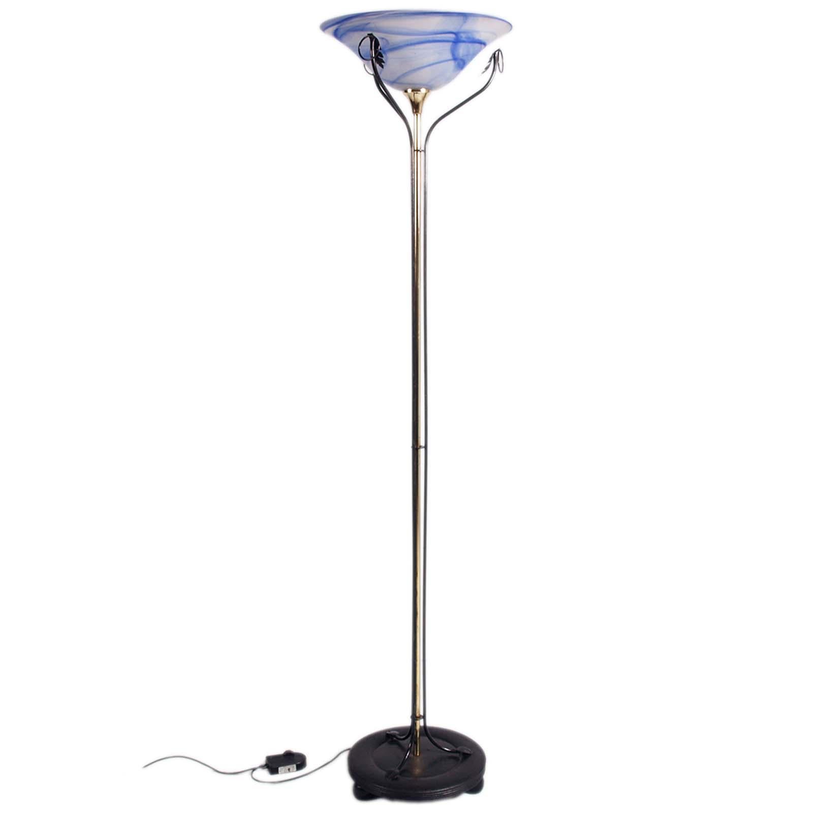 1950s Art Deco floor lamp in the shape of an Olympic brazier with Murano glass lampshade.
Turned wooden base on three spherical legs; vertical iron structure ending with three leaves with a central part in golden metal