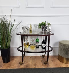 1950s Art Deco Italian Oval Wood and Brass Dry Bar Cabinet Liquor Cart