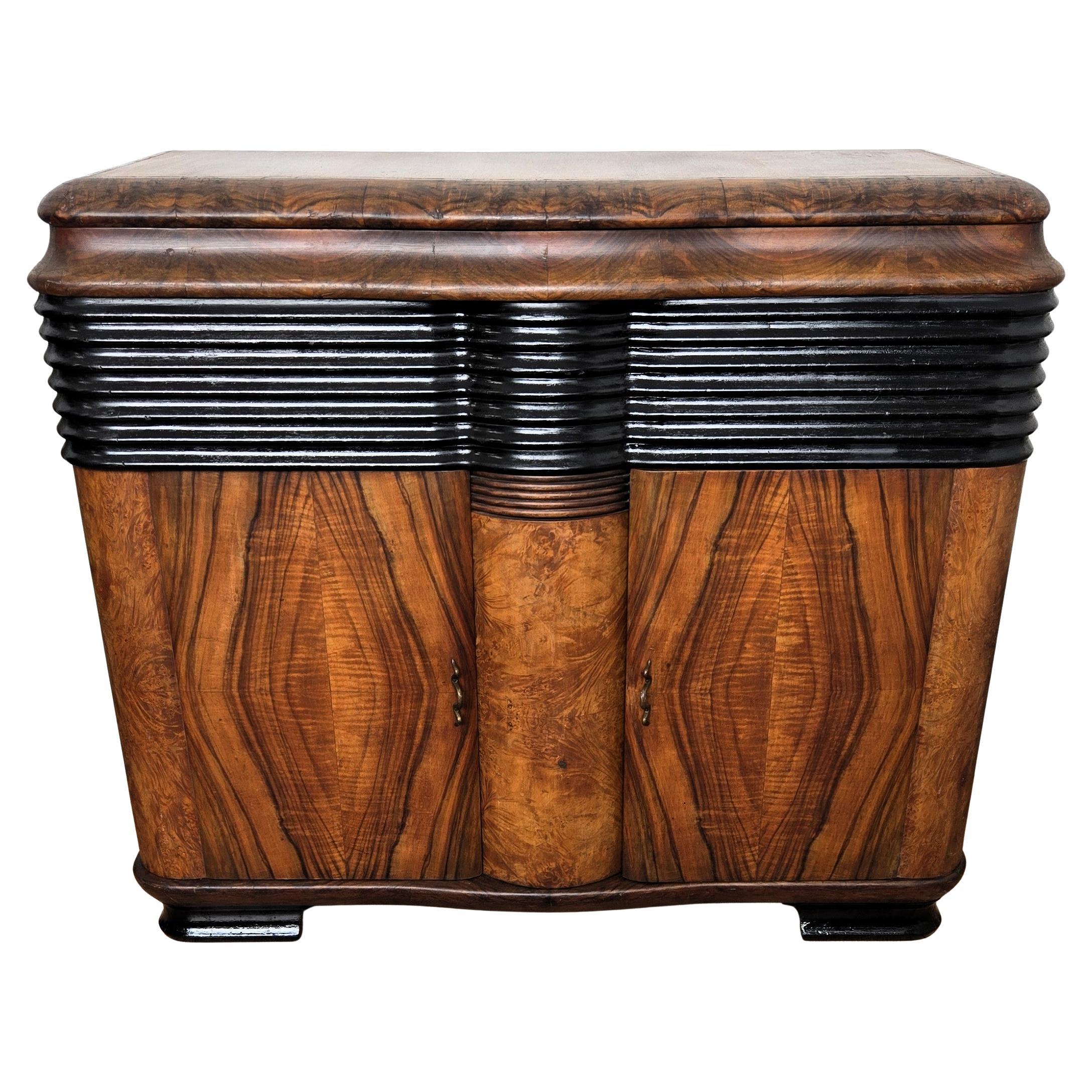 1950s Art Deco Italian Radio Vynil Walnut Burl Mirror Mosaic Dry Bar Cabinet