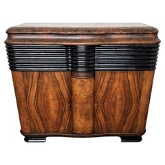 1950s Art Deco Italian Radio Vynil Walnut Burl Mirror Mosaic Dry Bar Cabinet