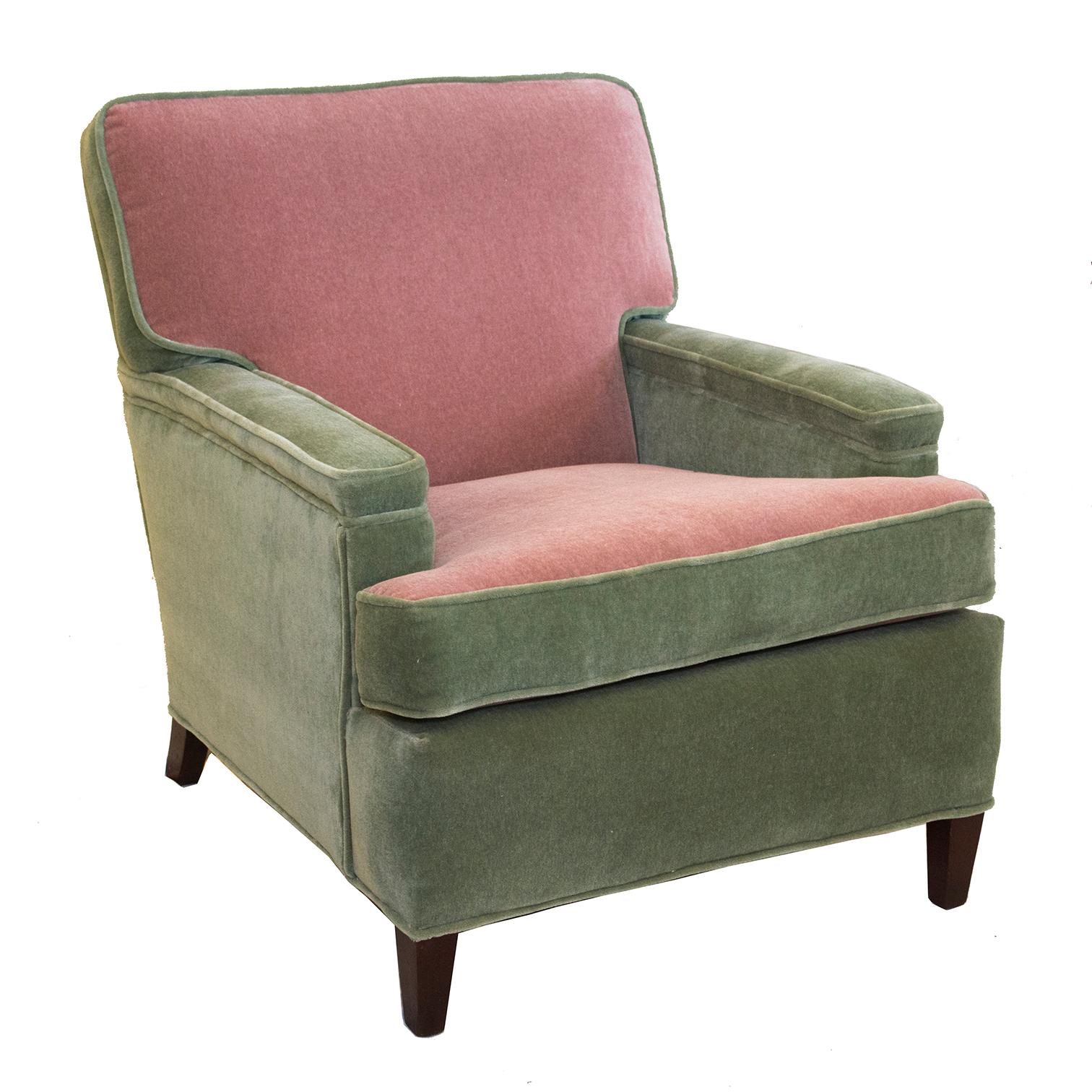 This pair of gorgeous Art Deco Lawson-back club chairs were just reupholstered in our Connecticut workroom in muted-to-perfection green mohair with a pop of light pink mohair on the cushions. These colors ruled the early 1950s - completely classic.