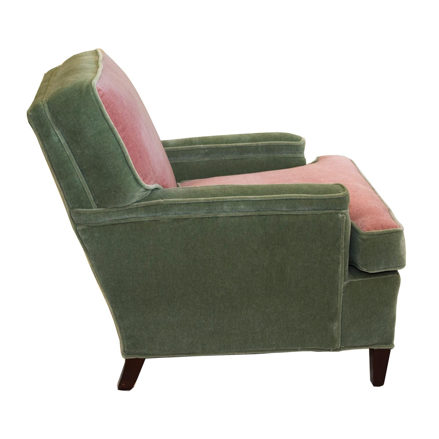 American 1950s Art Deco Lawson-back just reupholstered Green & Pink Mohair Club Chairs 