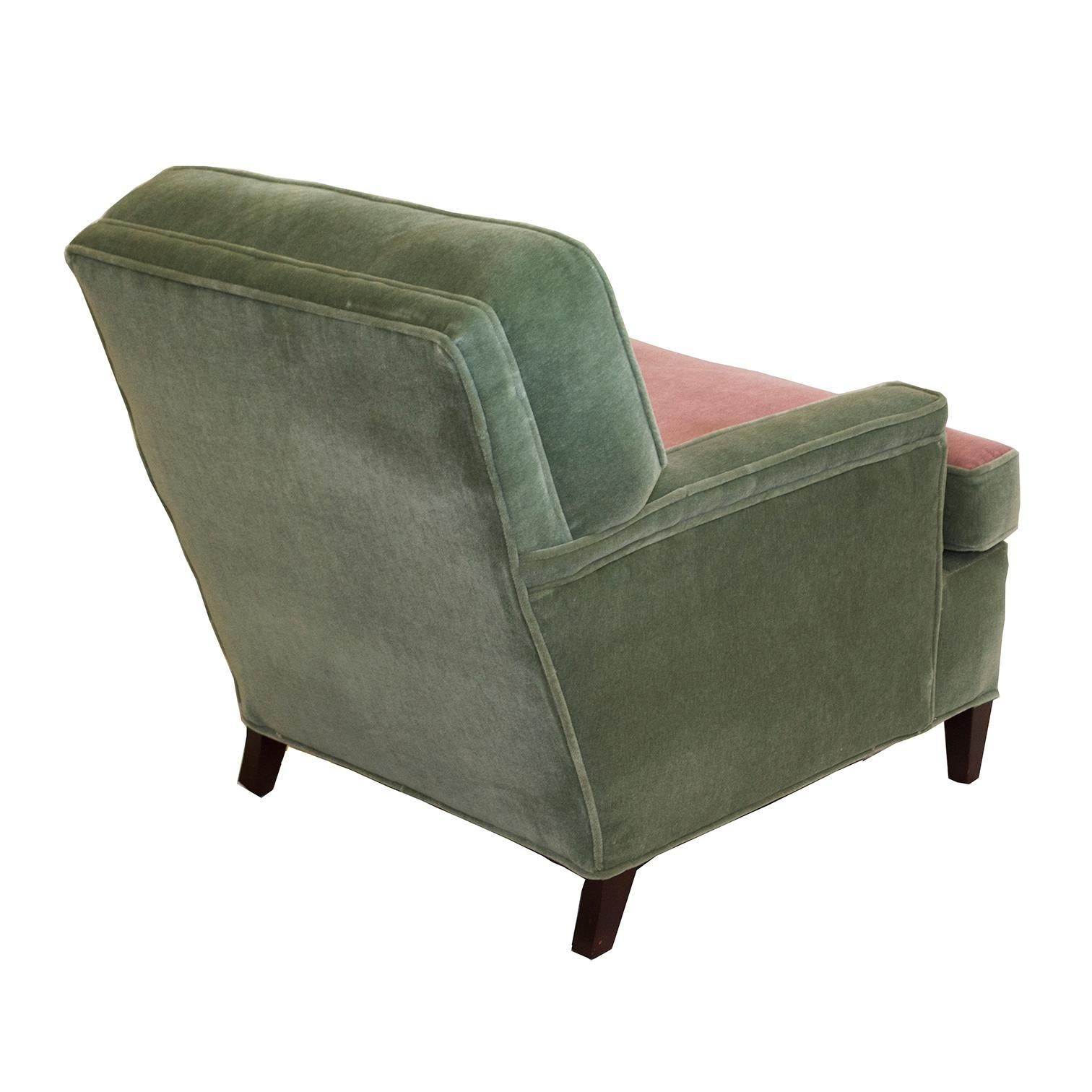 1950s Art Deco Lawson-back just reupholstered Green & Pink Mohair Club Chairs  In Good Condition In Wilton, CT