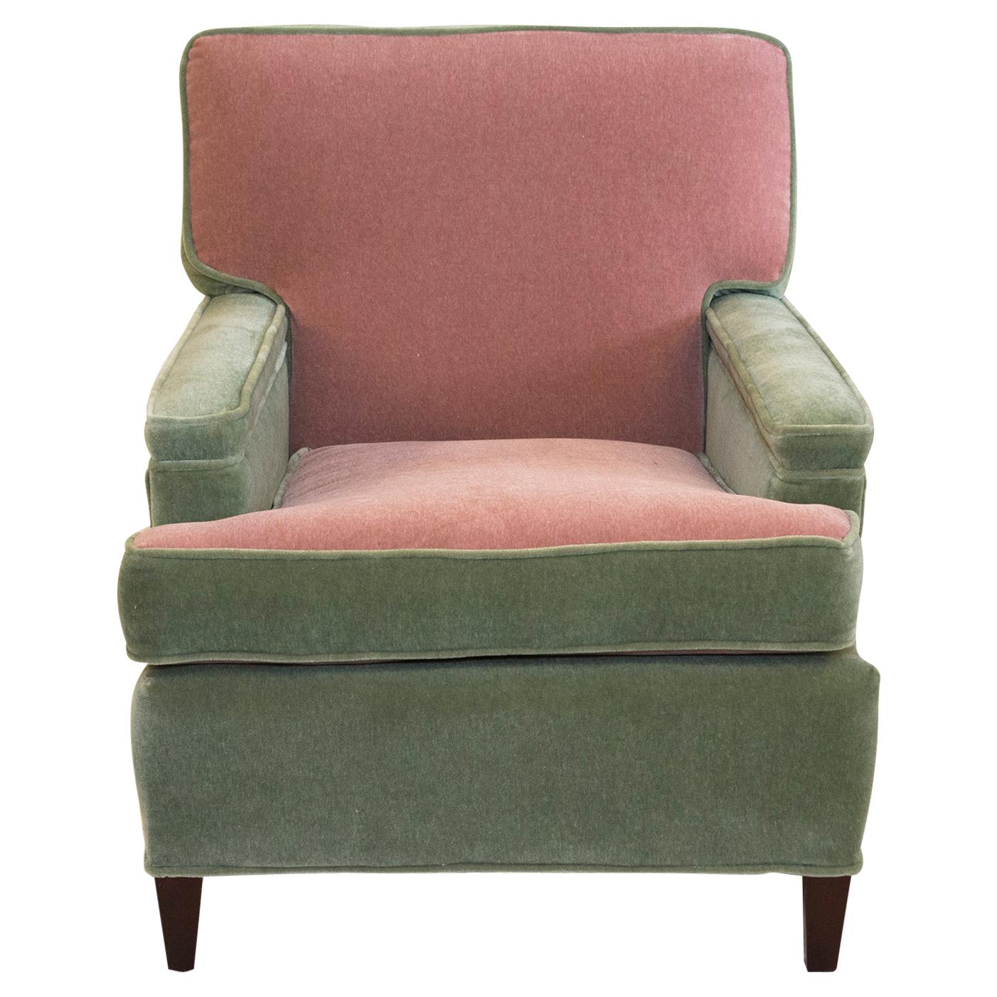 1950s Art Deco Lawson-back just reupholstered Green & Pink Mohair Club Chairs 