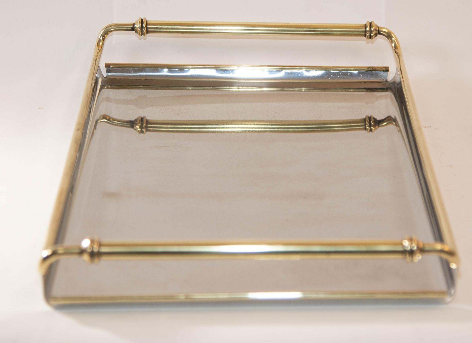 1950s Art Deco Metal Tray Chrome Mirrored with Brass Handles 8