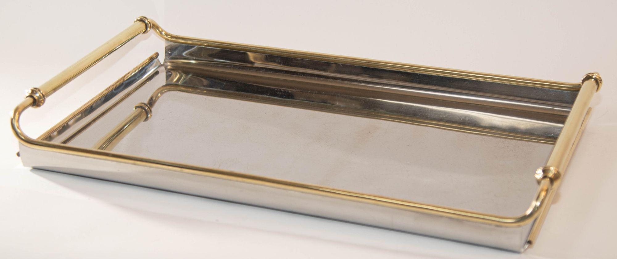 Hand-Crafted 1950s Art Deco Metal Tray Chrome Mirrored with Brass Handles