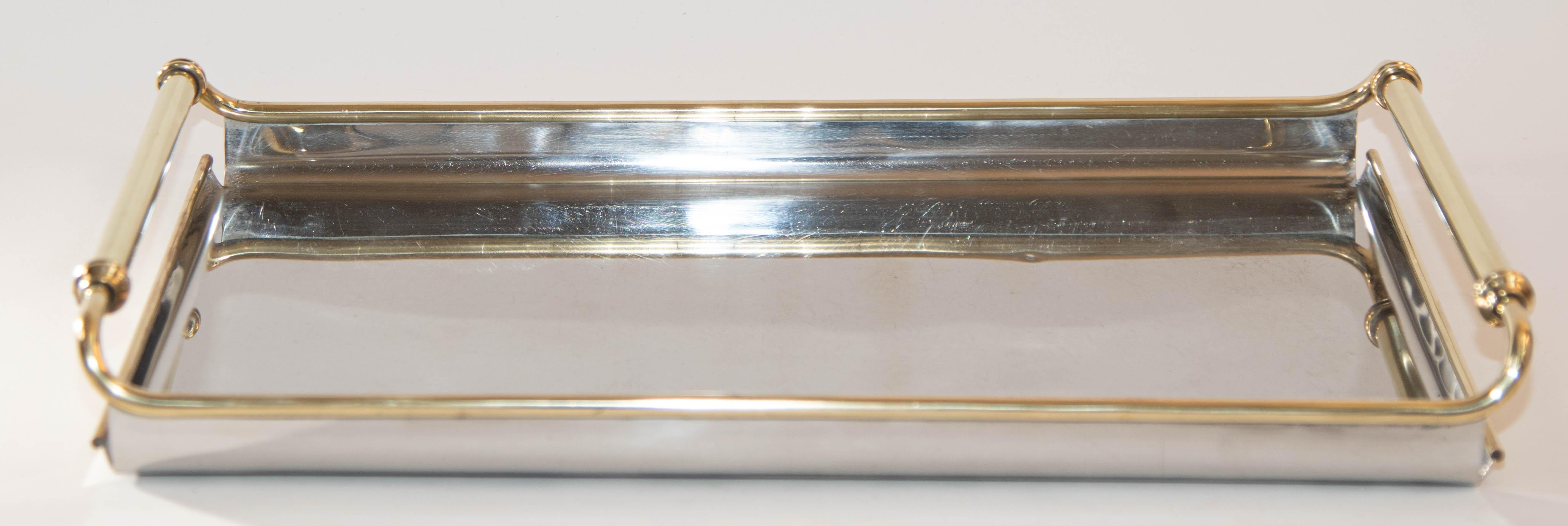 1950s Art Deco Metal Tray Chrome Mirrored with Brass Handles In Good Condition In North Hollywood, CA