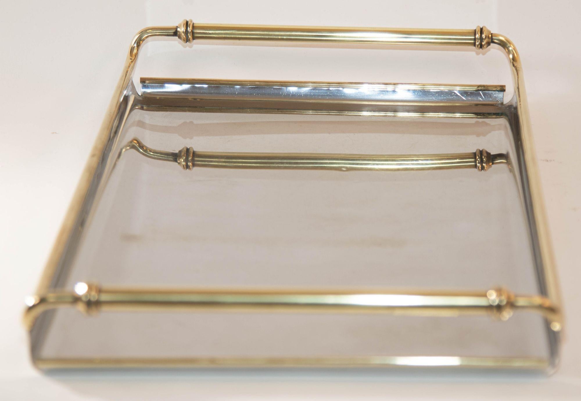 1950s Art Deco Metal Tray Chrome Mirrored with Brass Handles 2