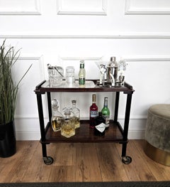 1950s Art Deco Mid-Century Italian Burl Wood Brass Dry Bar Cabinet Liquor Cart