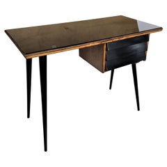 1950s Art Deco Mid-Century Italian Walnut Burl Wood Glass Top Writing Desk Table
