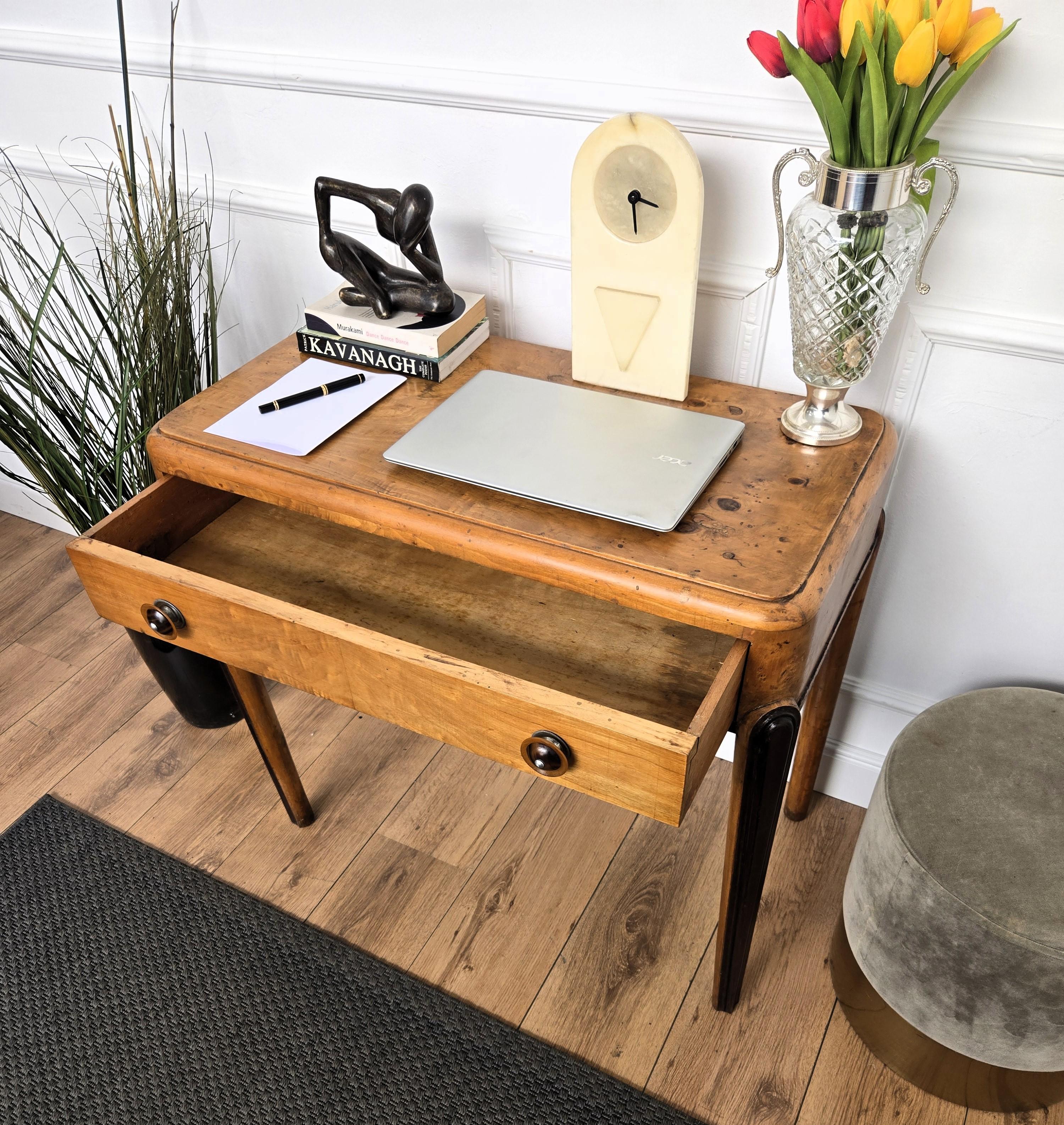 Brass 1950s Art Deco Mid-Century Italian Walnut Root Burl Writing Desk Table For Sale