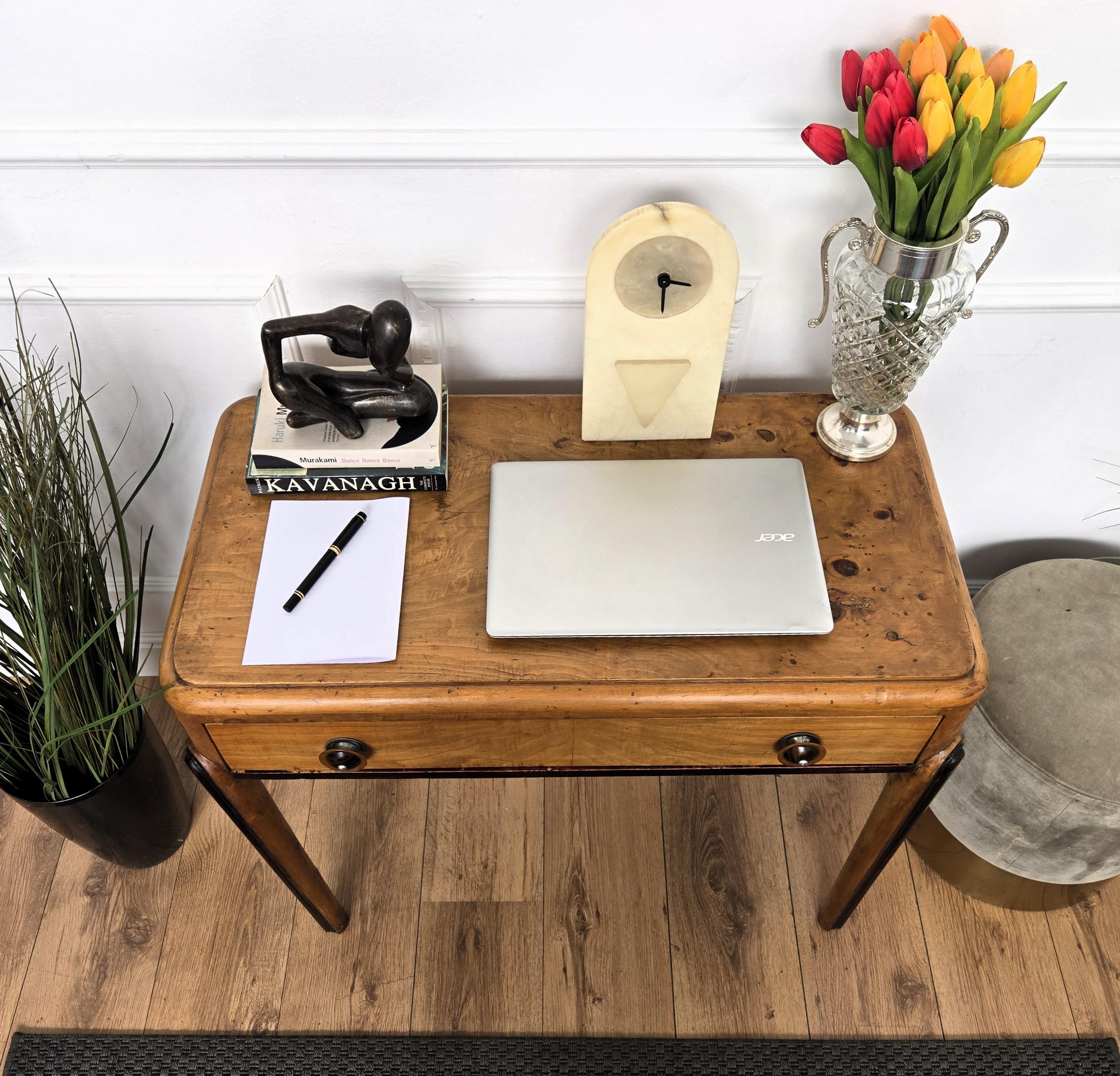 1950s Art Deco Mid-Century Italian Walnut Root Burl Writing Desk Table For Sale 1