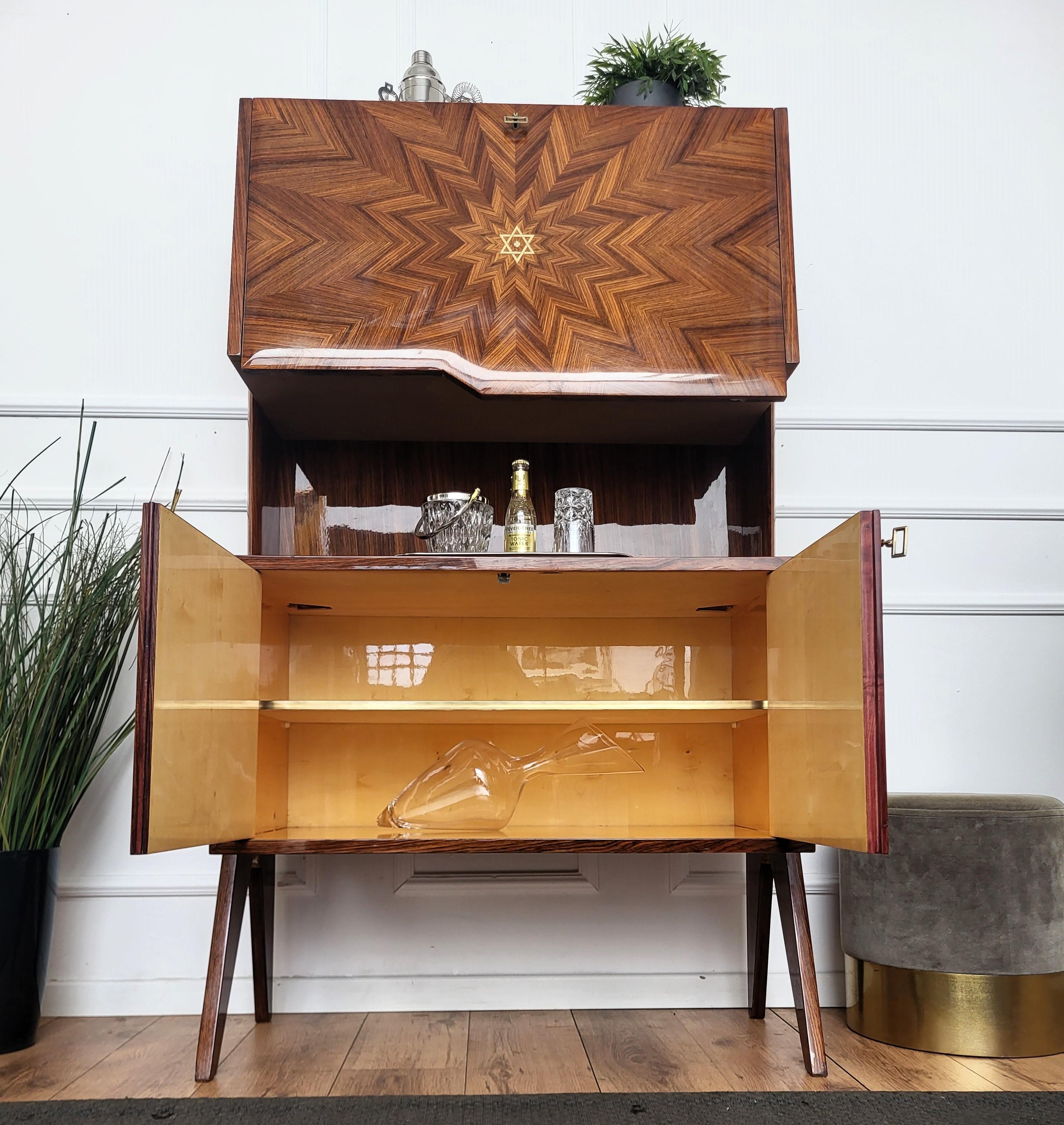 1950s Art Deco Mid-Century Italian Walnut Wood and Brass Flap Dry Bar Cabinet 1