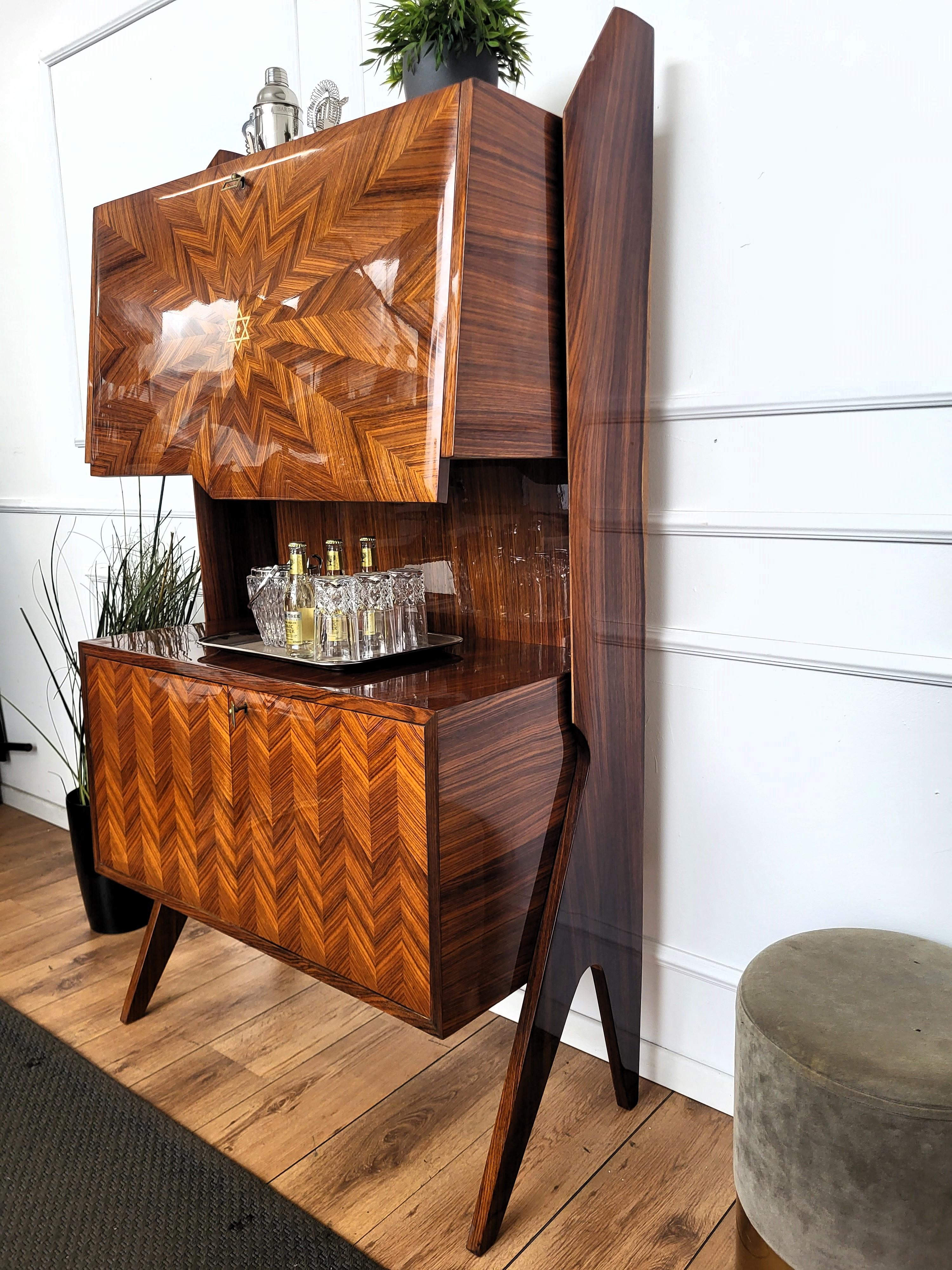 1950s Art Deco Mid-Century Italian Walnut Wood and Brass Flap Dry Bar Cabinet 3