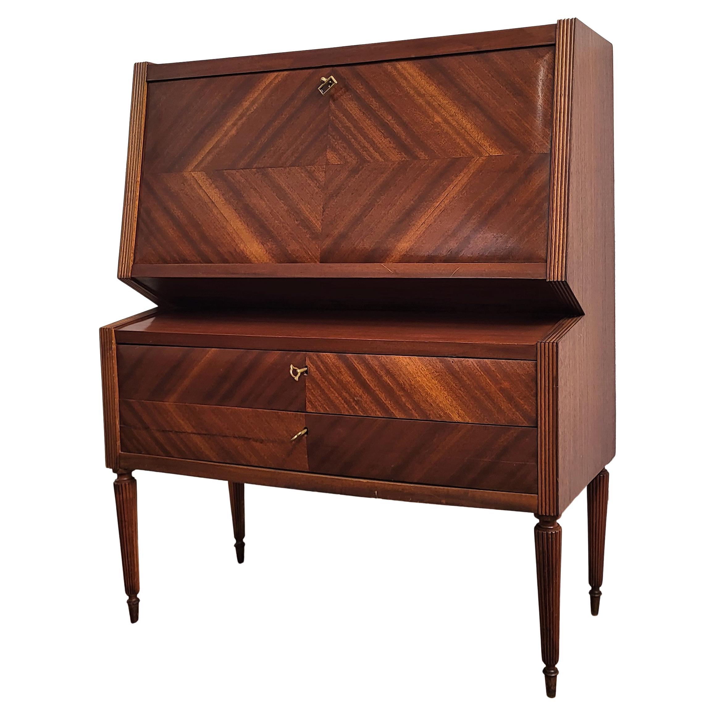 1950s Art Deco Mid-Century Italian Walnut Wood and Brass Flap Dry Bar Cabinet