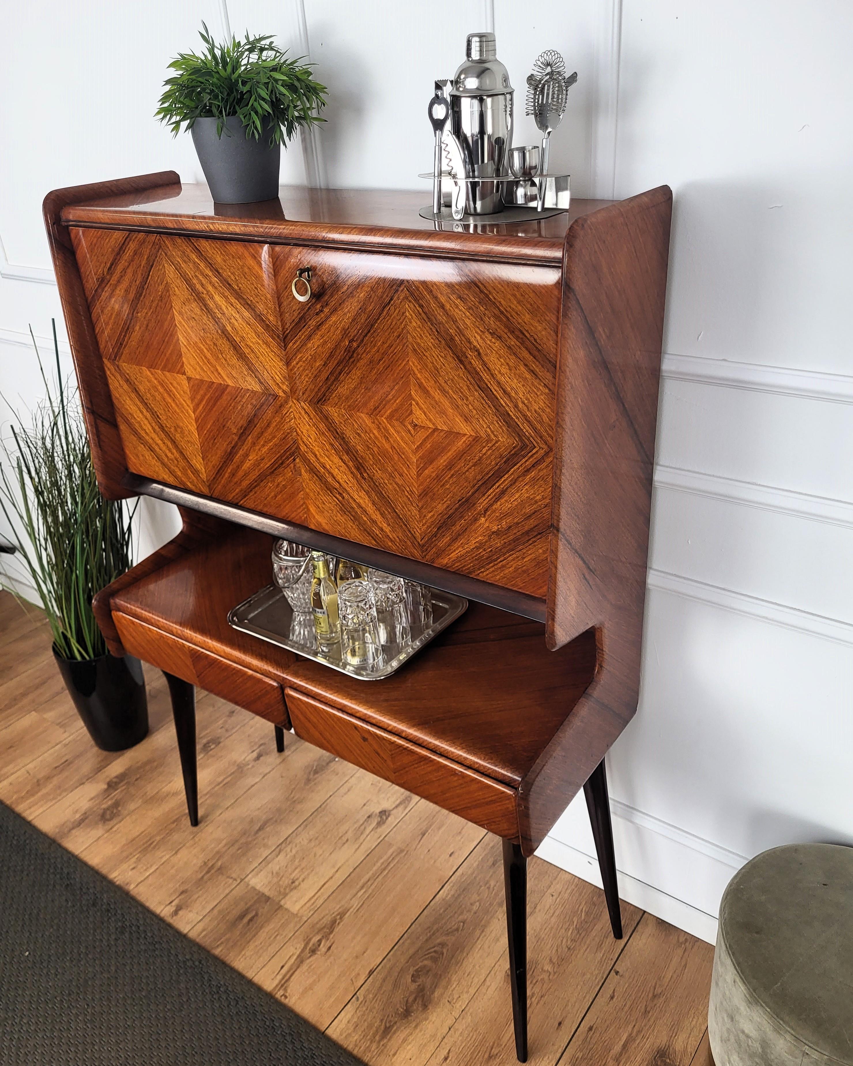 20th Century 1950s Art Deco Mid-Century Italian Walnut Wood and Brass Tall Dry Bar Cabinet For Sale