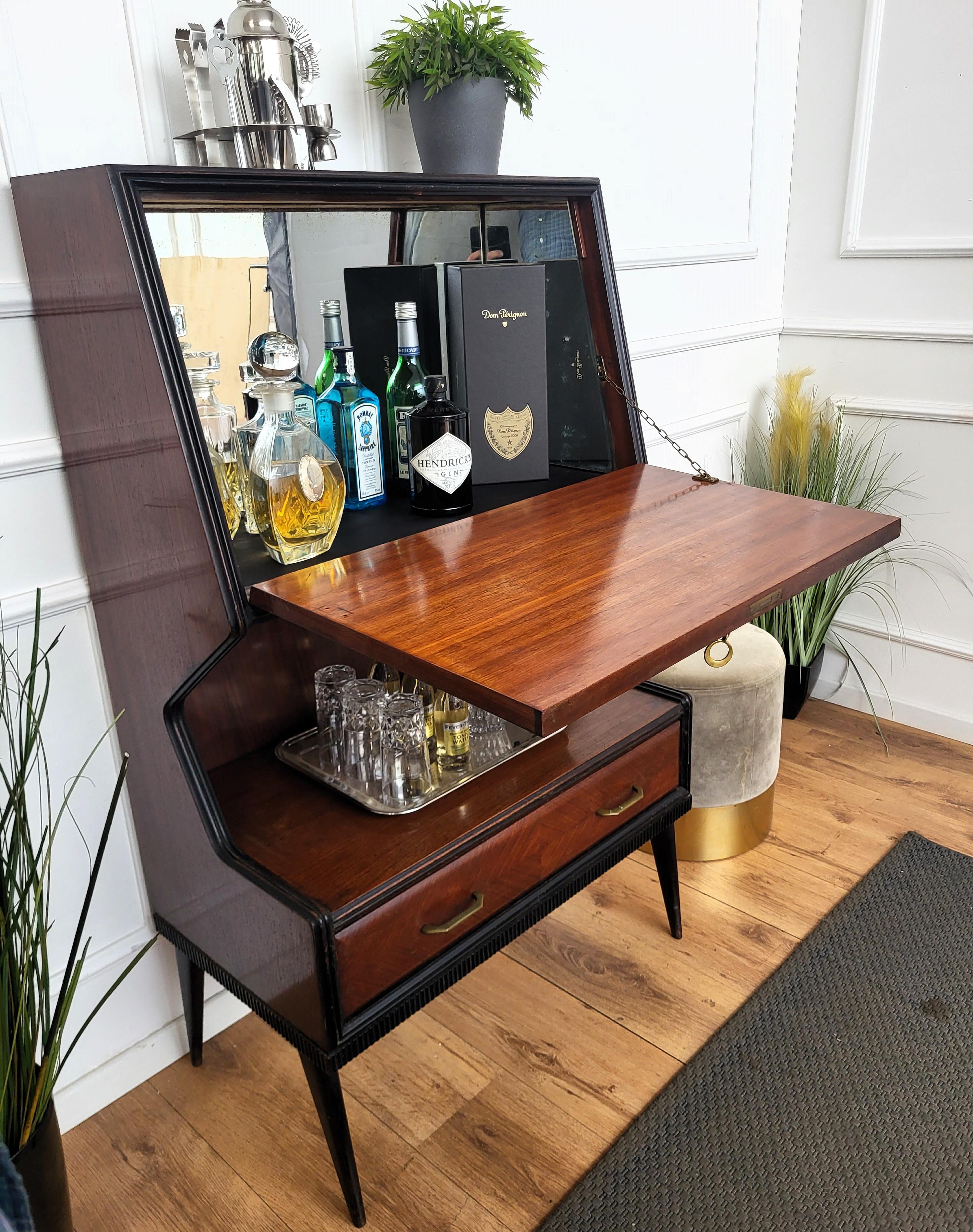 20th Century 1950s Art Deco Mid-Century Italian Walnut Wood and Brass Tall Dry Bar Cabinet