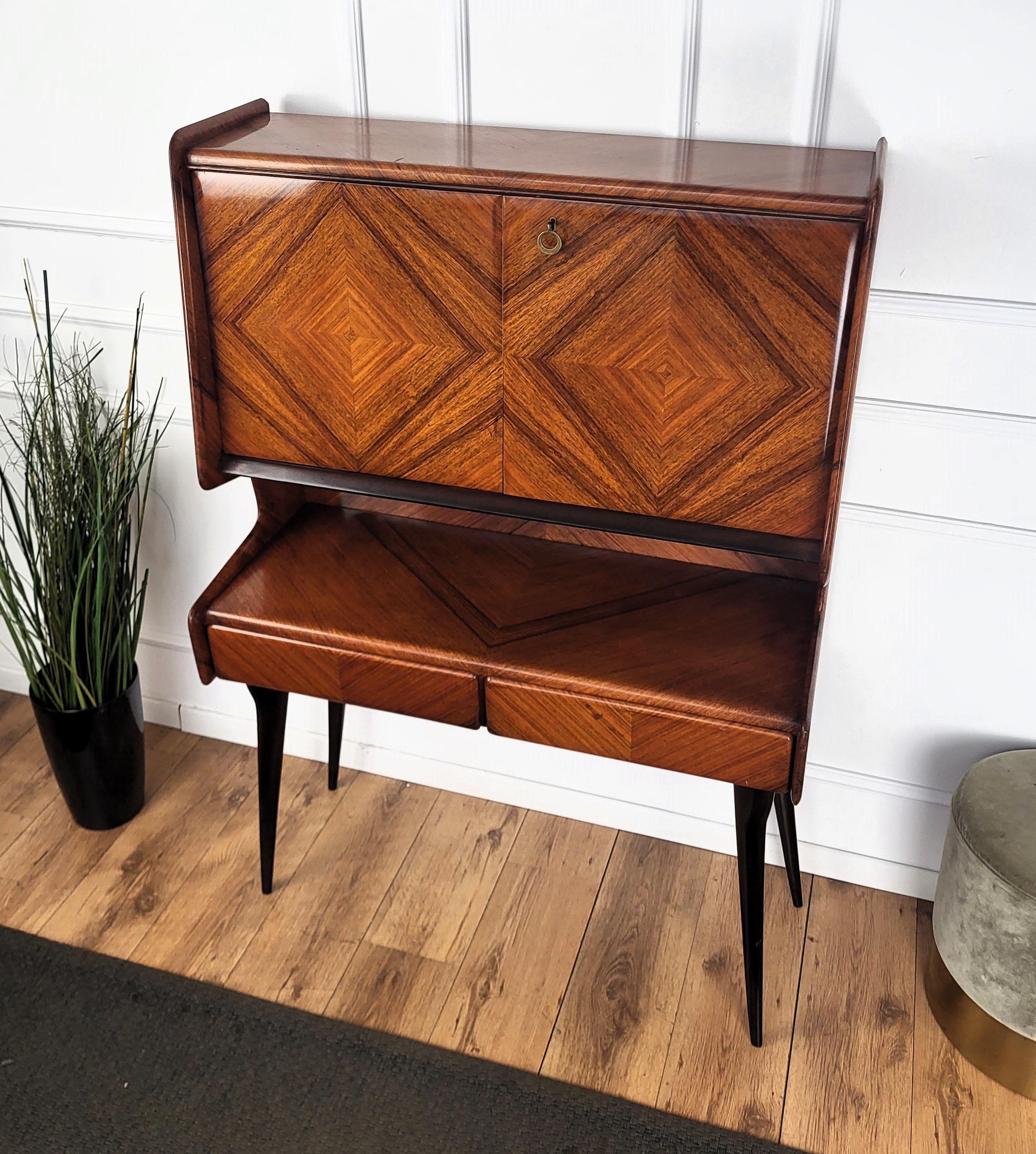 Laiton 1950s Art Deco Mid-Century Italian Walnut Wood and Brass Tall Dry Bar Cabinet
