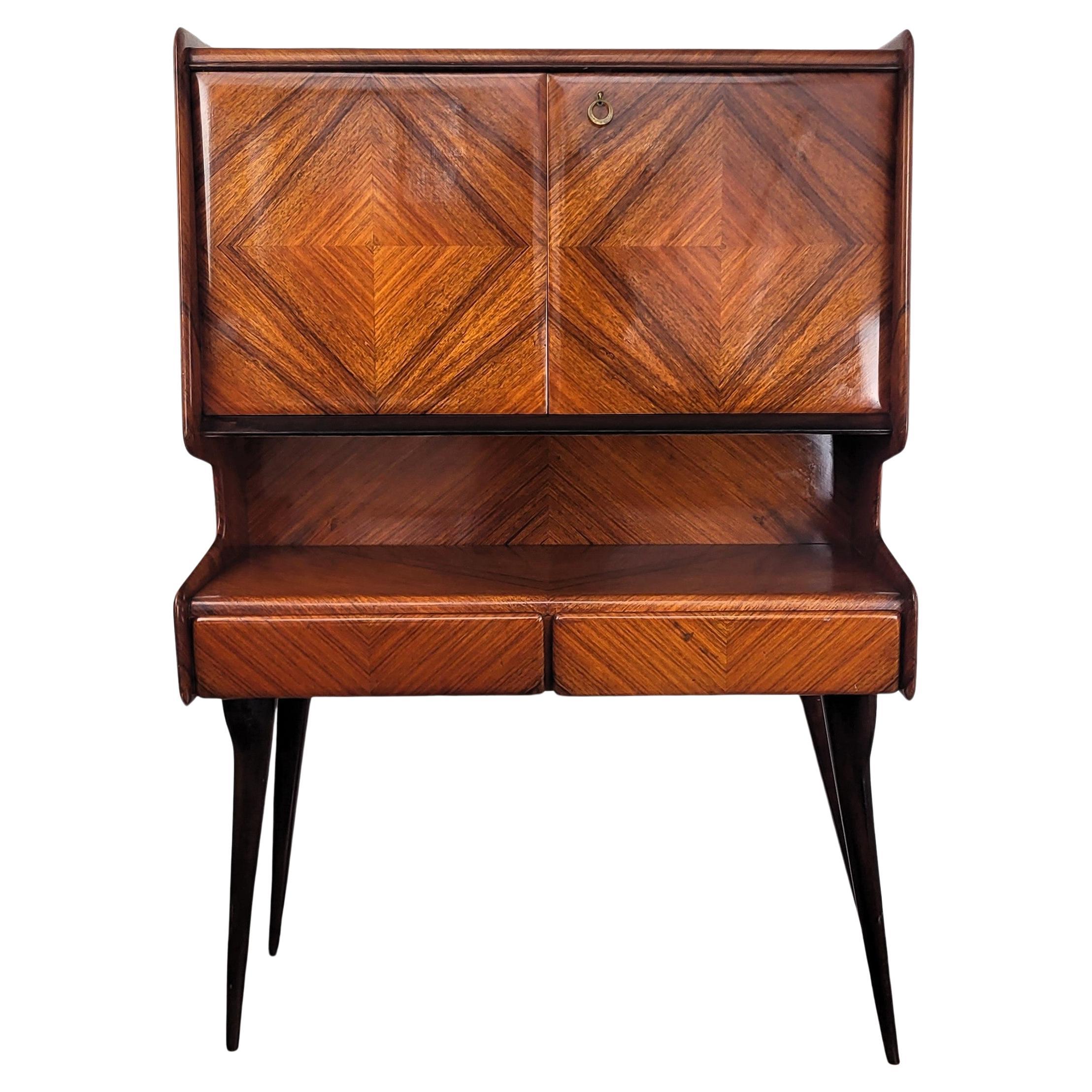 1950s Art Deco Mid-Century Italian Walnut Wood and Brass Tall Dry Bar Cabinet For Sale