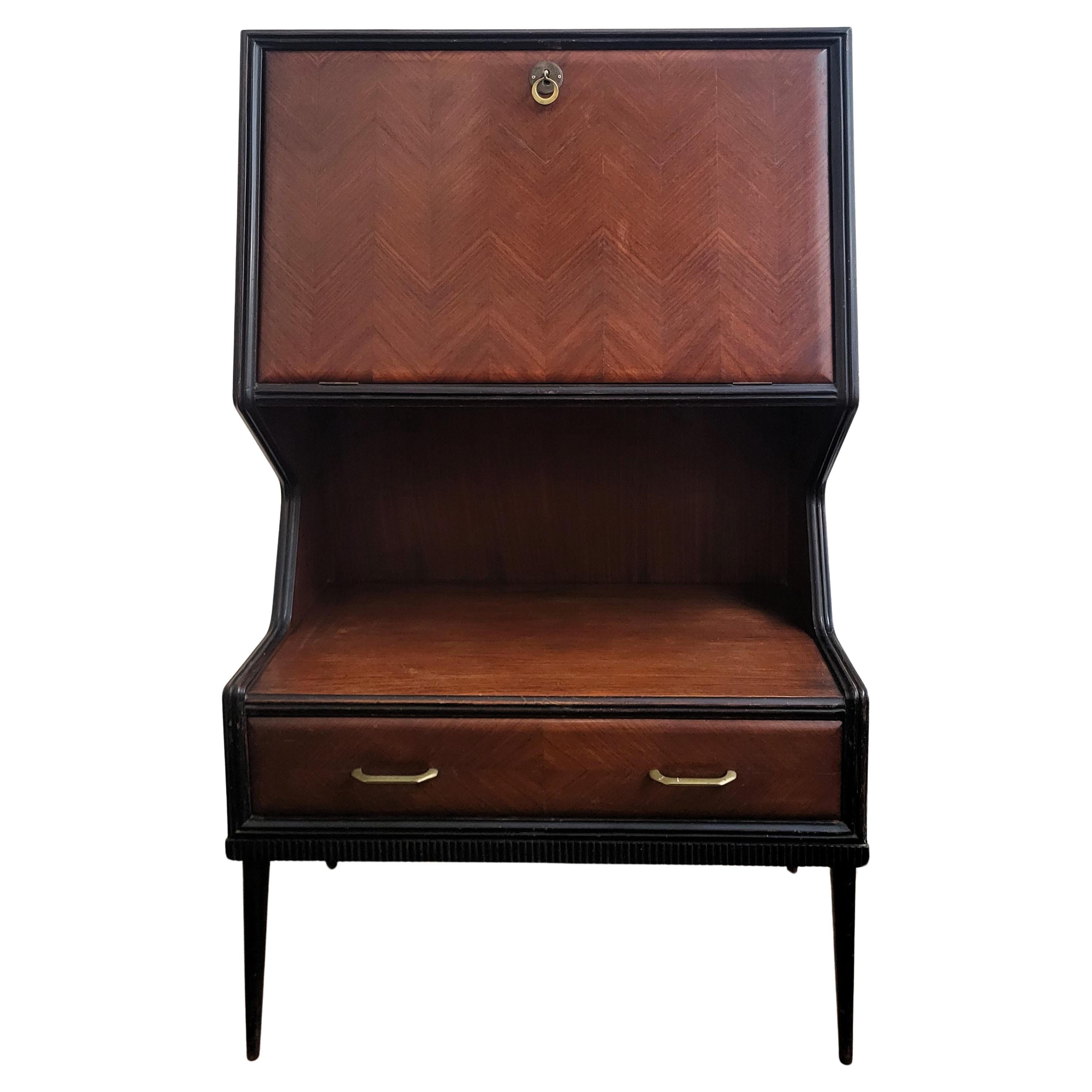 1950s Art Deco Mid-Century Italian Walnut Wood and Brass Tall Dry Bar Cabinet