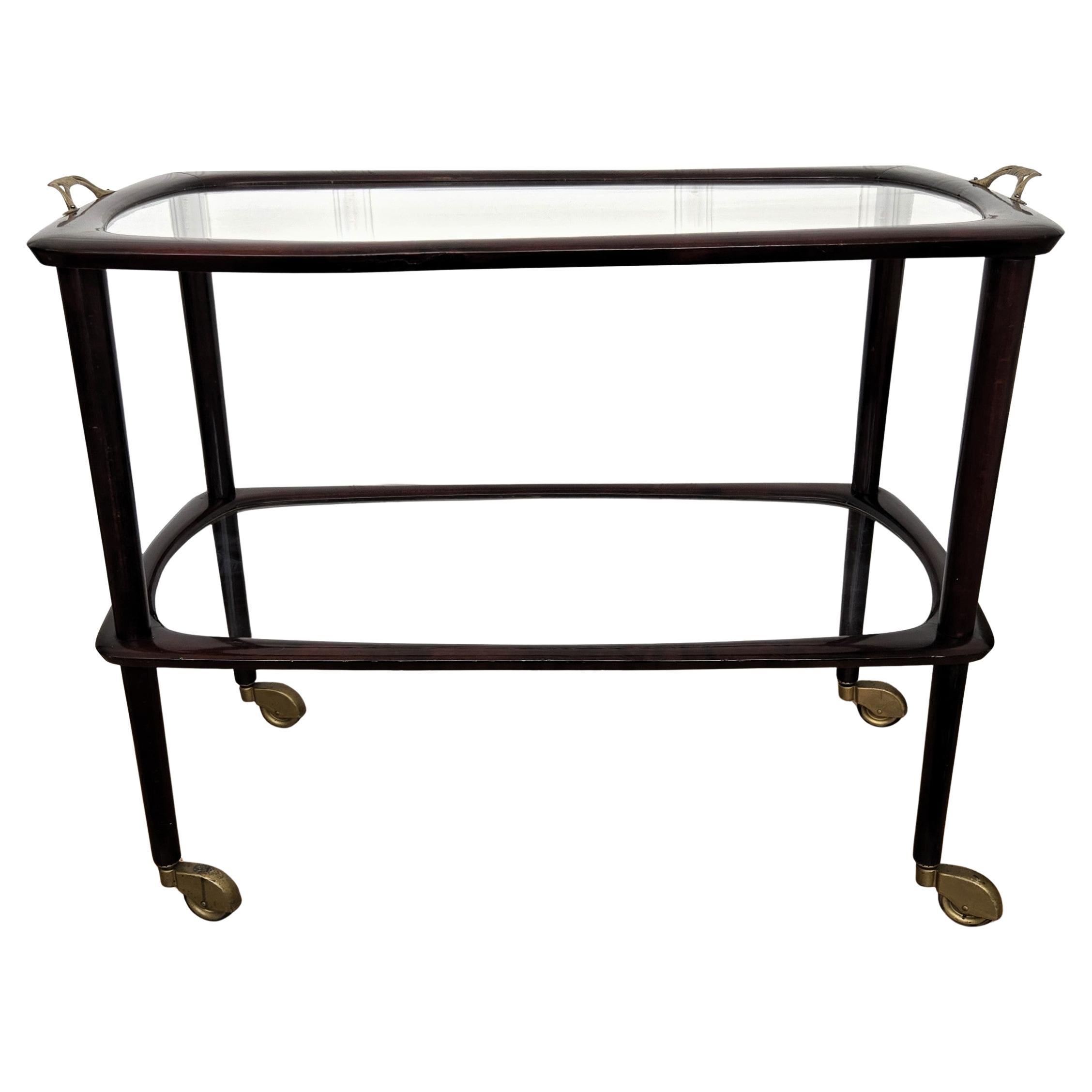Carrello per liquori da bar in legno e ottone Art Deco del 1950, metà secolo, italiano in vendita