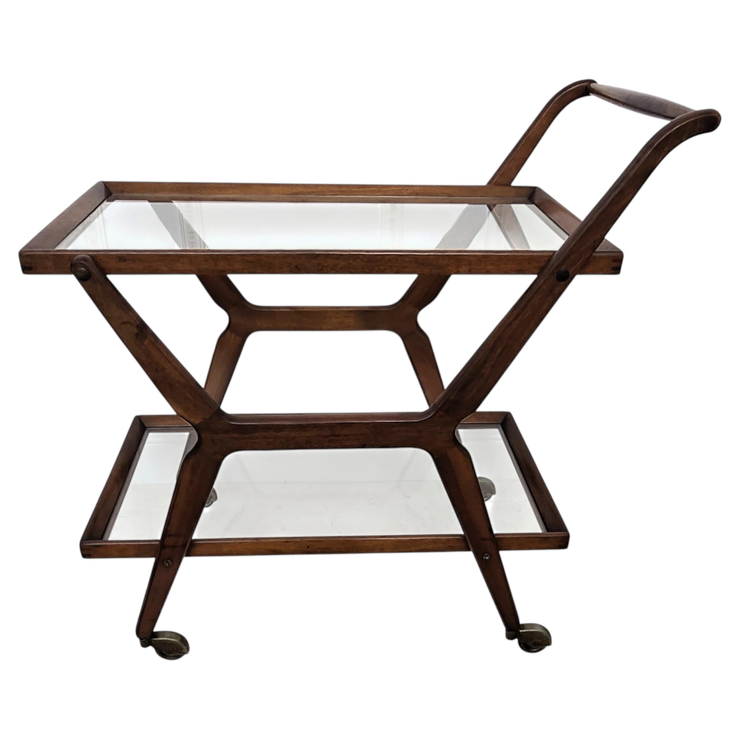 1950s Art Deco Mid-Century Italian Wood and Brass Dry Bar Cabinet Liquor Cart For Sale