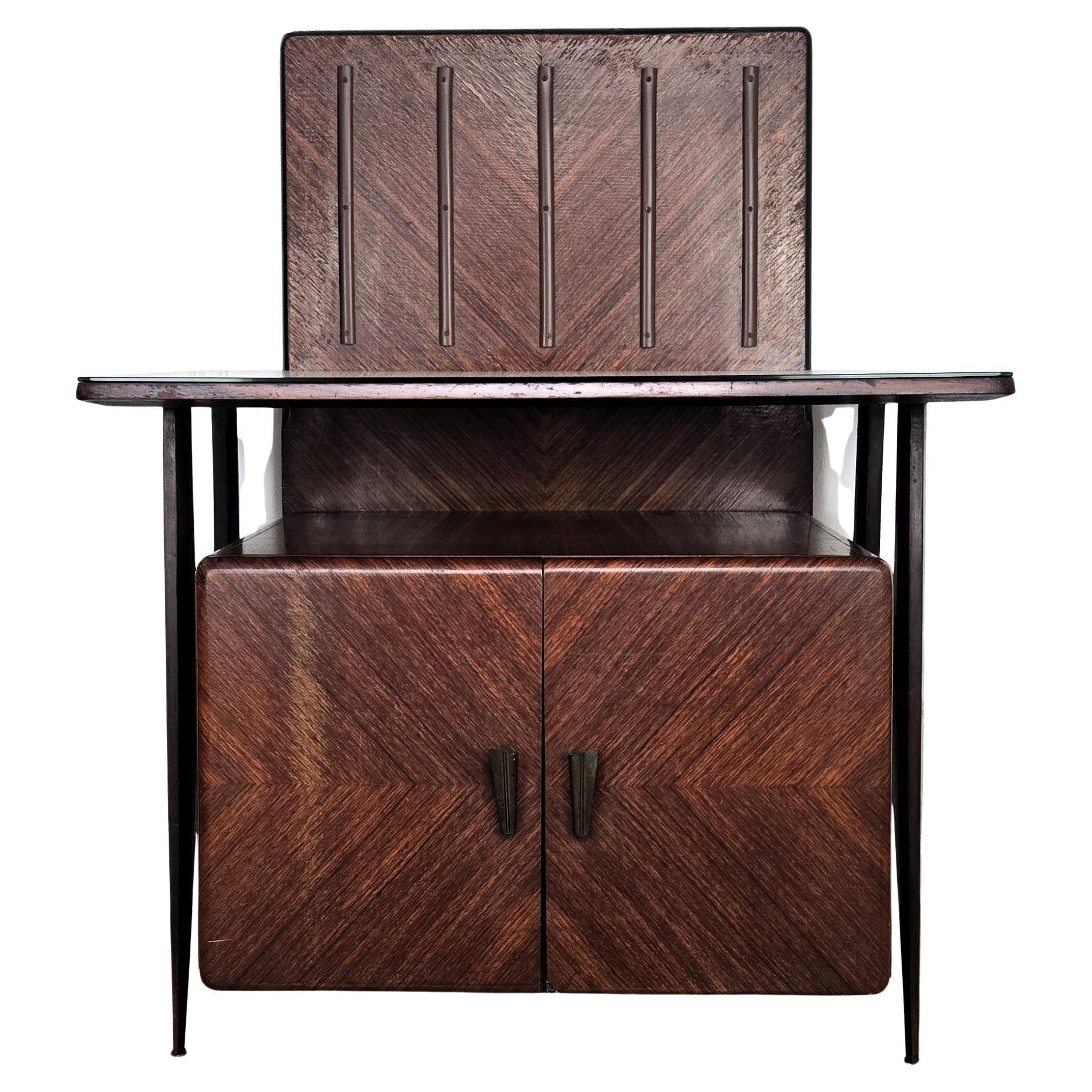 1950s Art Deco Mid-Century Modern Italian Walnut Burl Glass Top Dry Bar Cabinet