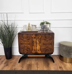 1950s Art Deco Midcentury Italian Walnut Burl and Mirror Mosaic Dry Bar Cabinet