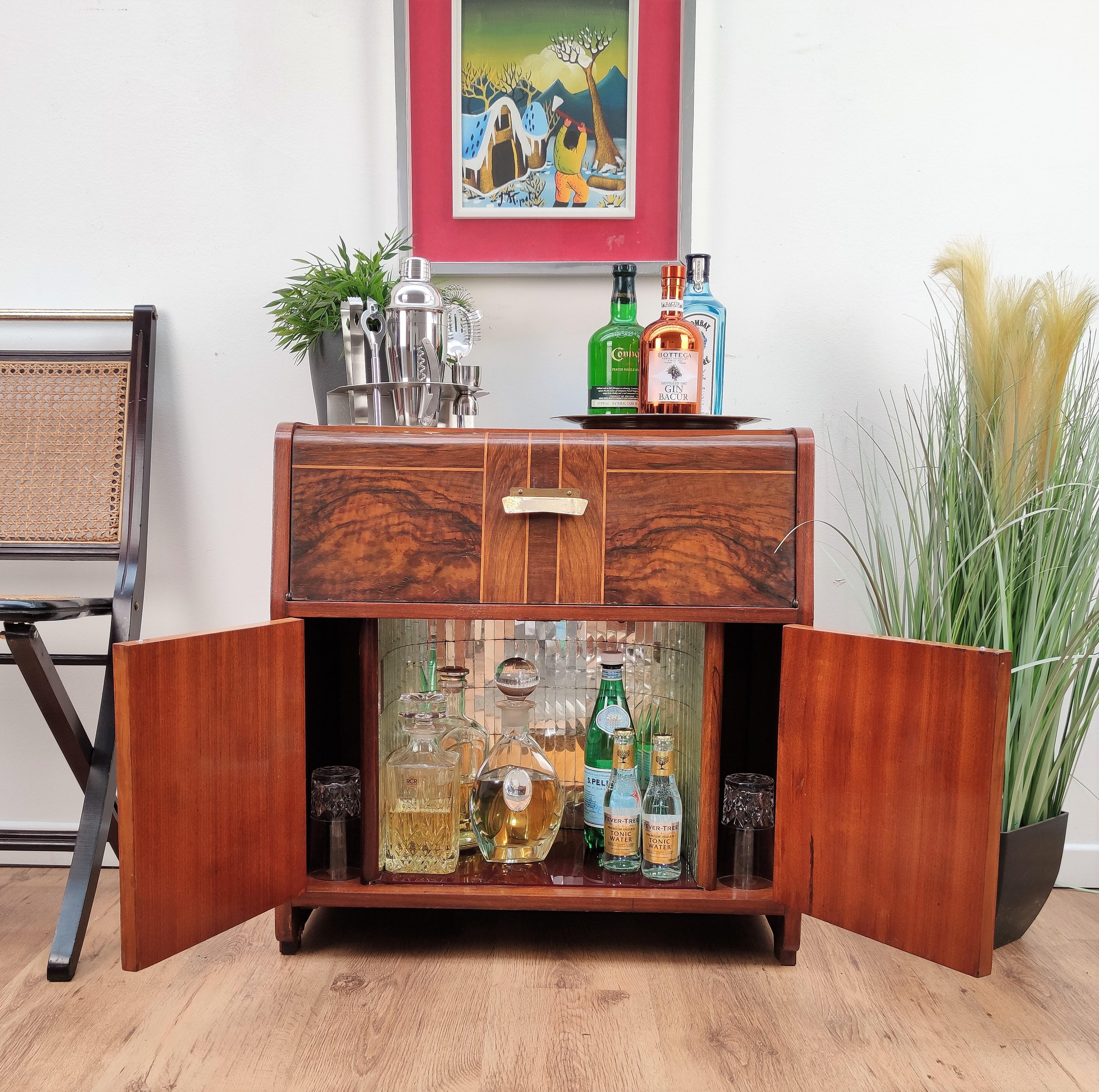 20th Century 1950s Art Deco Midcentury Italian Walnut Inlay and Mirror Mosaic Dry Bar Cabinet