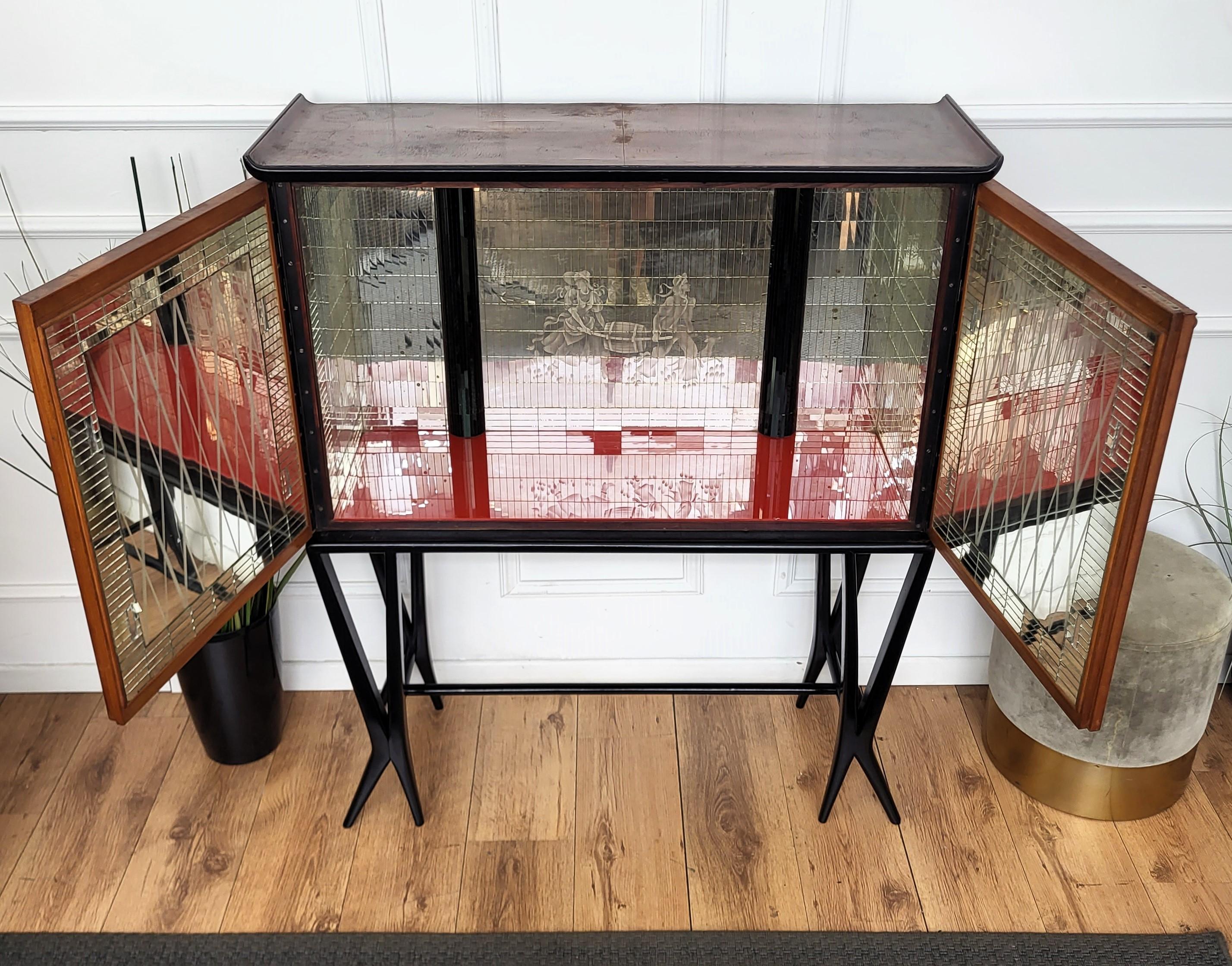 1950 Art Deco Midcentury Italian Walnut Mirror Mosaic Sideboard Bar Cabinet 4