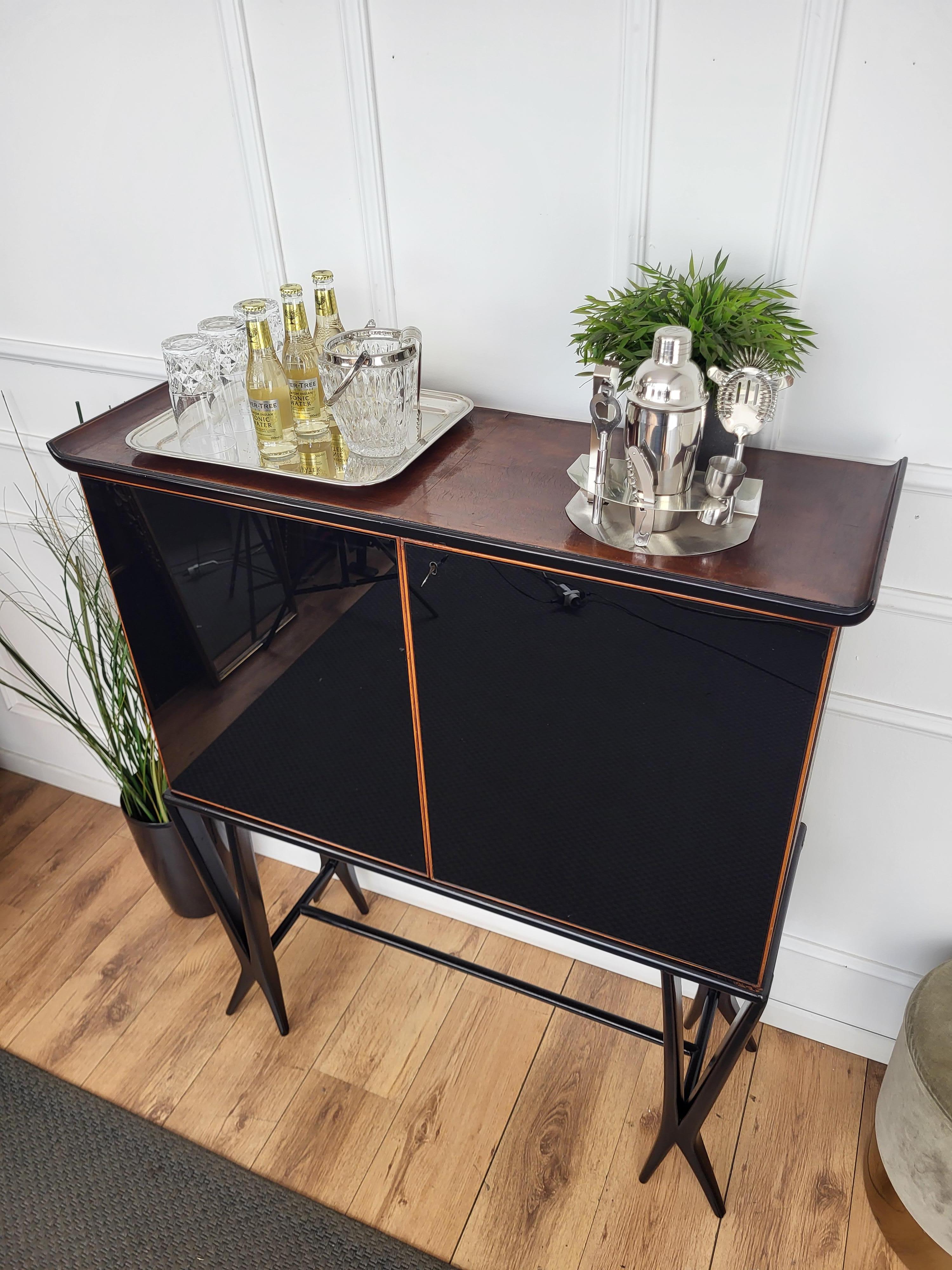 1950 Art Deco Midcentury Italian Walnut Mirror Mosaic Sideboard Bar Cabinet 1